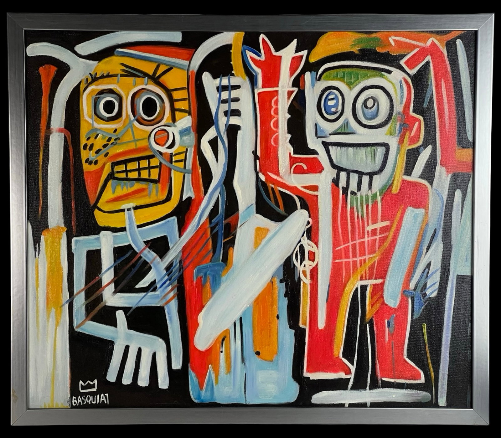 Jean-Michel Basquiat (manner) Pop Art Oil Painting: Dynamic oil painting on canvas executed in the manner of Jean-Michel Basquiat, titled Dustheads. The work displays the raw energy and expressive intensity characteristic of Basquiat's neo-expressionis