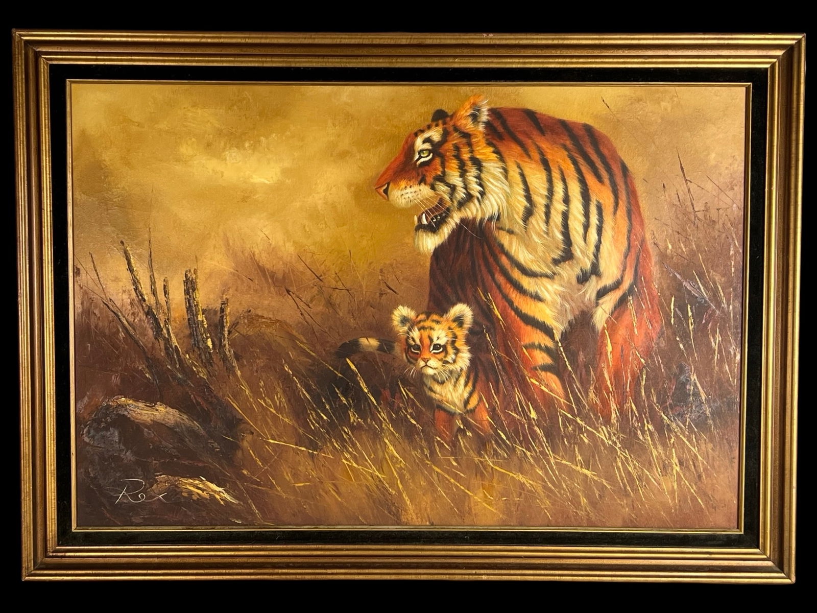 Bengal Tiger with Cub - Realistic Oil Painting: Striking oil painting on canvas depicting a protective Bengal tiger with her cub, rendered in a naturalistic style against a warm, earthy background. The artist captures the majesty and strength of th