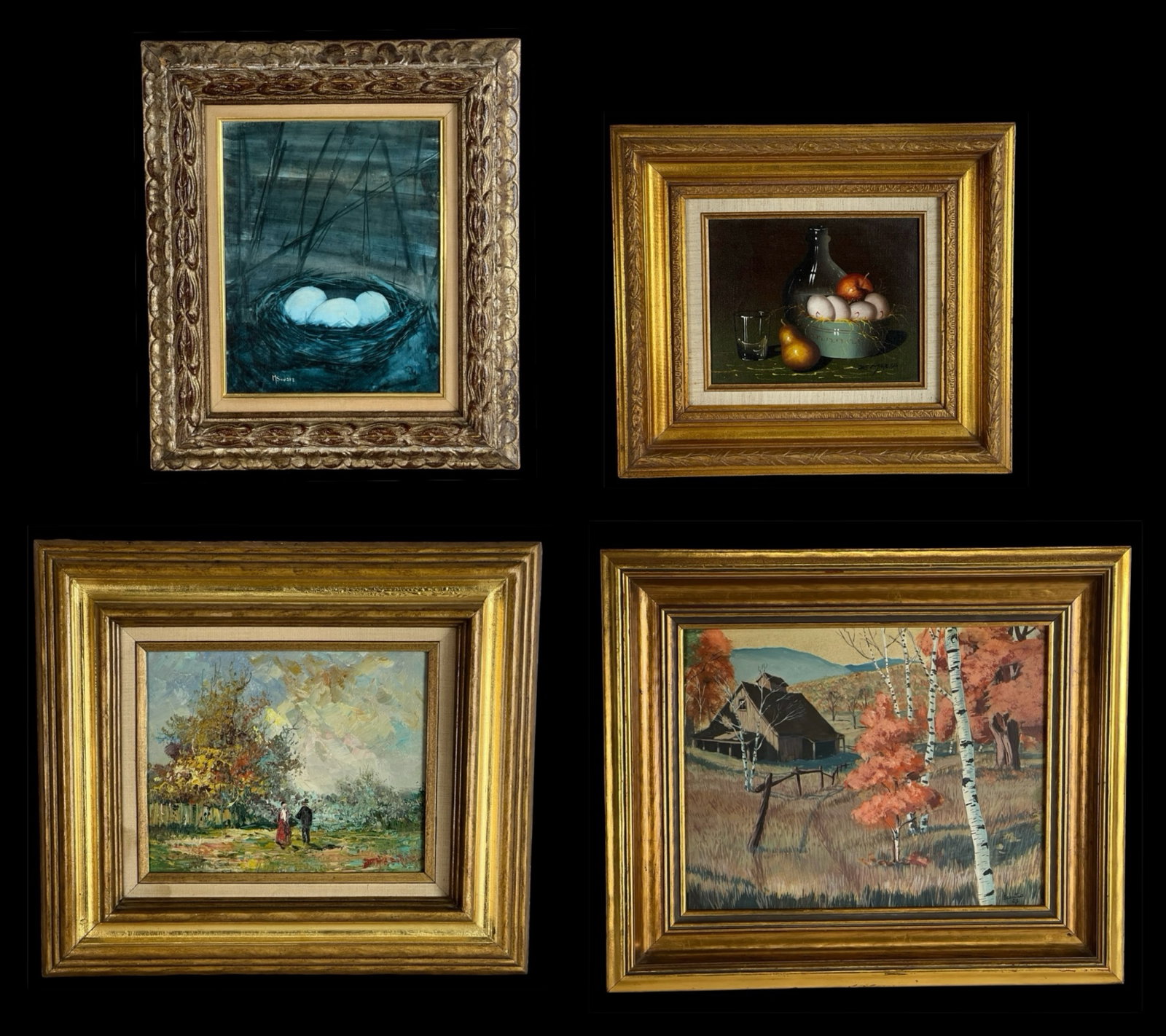 Collection of Four Framed Oil Paintings: Offered is a collection of four framed oil paintings, each signed by the artist. The group includes a moody blue-toned nest study signed M. Sudars, a classical still life with fruit and bottle signed 