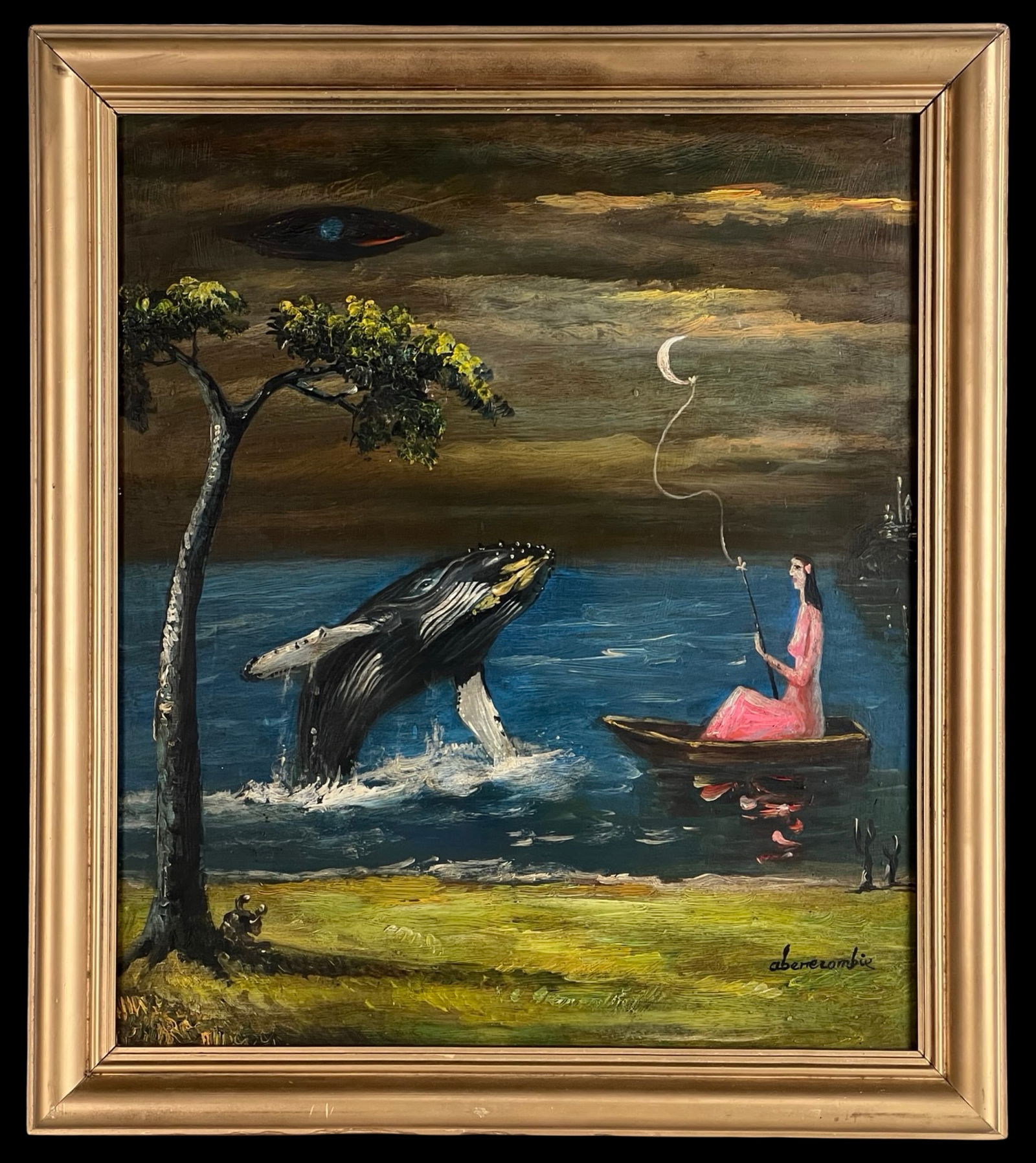 Gertrude Abercrombie (Attrib)- Surrealist Painting: Striking surrealist oil painting on masonite board attributed to Gertrude Abercrombie, signed abercrombie lower right. The composition features a dreamlike landscape with a lone female figure in a boa
