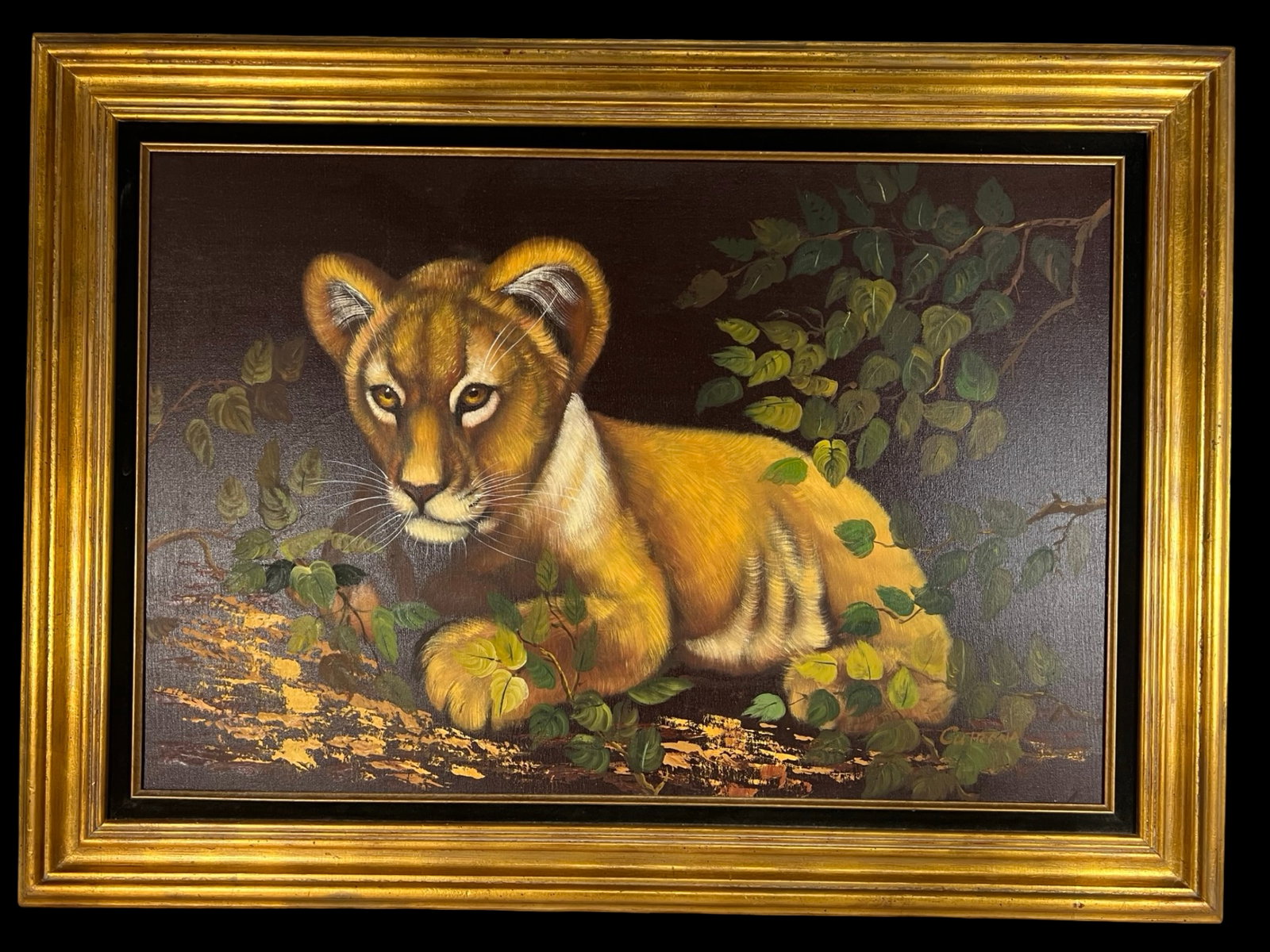Lion Cub - Realistic Oil Painting by Cutrona: A striking oil painting on canvas depicting a lion cub resting among foliage, executed in a realistic style by the artist Cutrona. The cub's intense gaze and finely detailed features are highlighted a