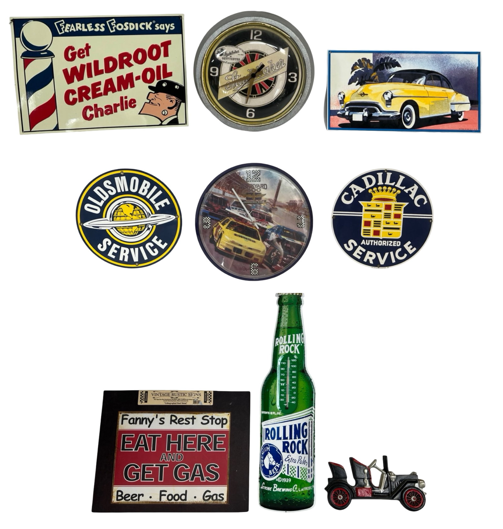 Group of Advertising Signs & Thermometer: A diverse group of vintage-style advertising pieces featuring iconic automobilia and nostalgic brand imagery. The lot includes lithographed metal and tin advertising signs, service station motifs, and