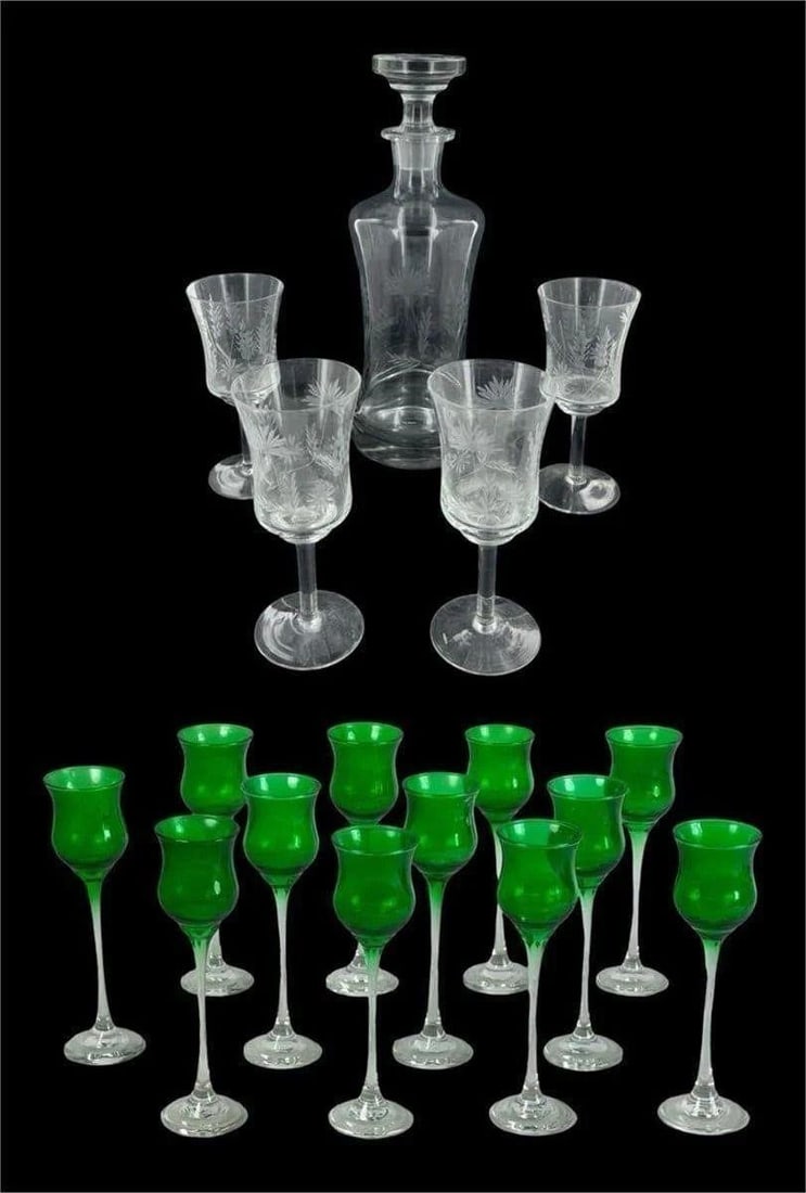 Summerfield Crystal Decanter & Glasses/ Cordials: Summerfield by Leonard Silver crystal decanter and wine glasses set. The decanter stands 12.75" tall, while the wine glasses measure 7.5" and 6.5" tall. The set is accompanied by a collection of Kalei