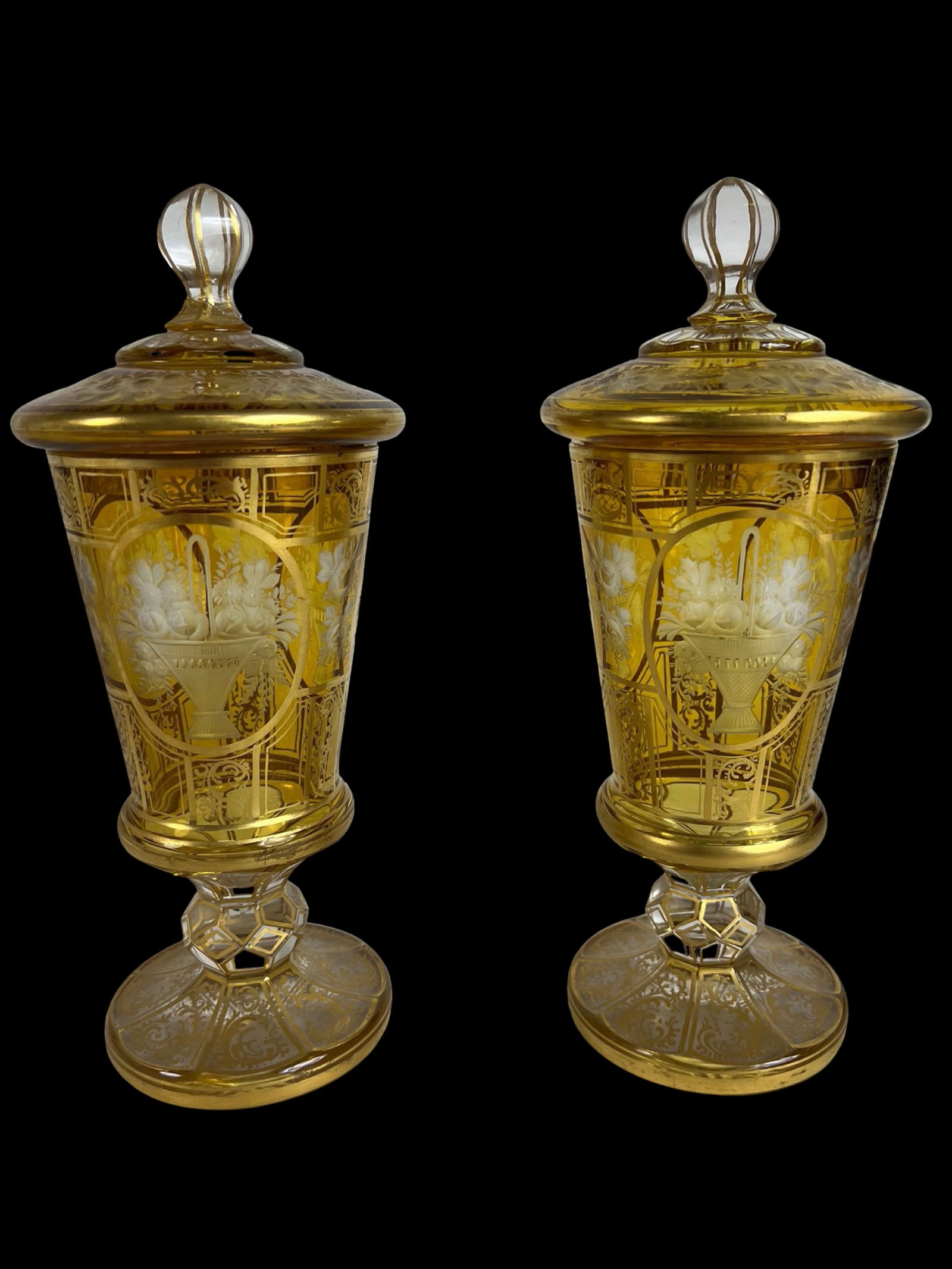 Moser Bohemian Amber Cut to Clear Glass Urns (1 of 6)