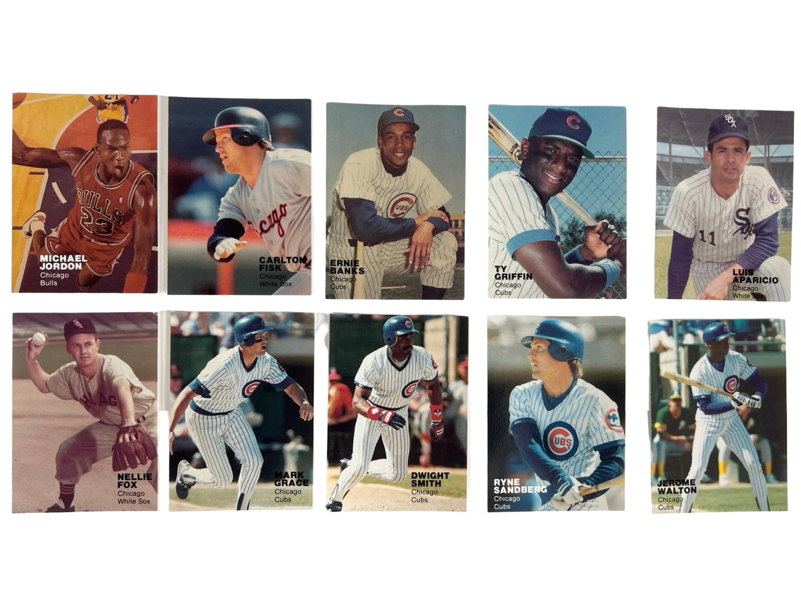 1990 Chicago Sports Stars Card Set- Jordan Error: 1990 Chicago Sports Stars card set of 10, featuring legendary athletes from the Chicago Bulls, Cubs, and White Sox. Notable for the Michael Jordan error card, misspelled "Jordon." Includes Jordan alon