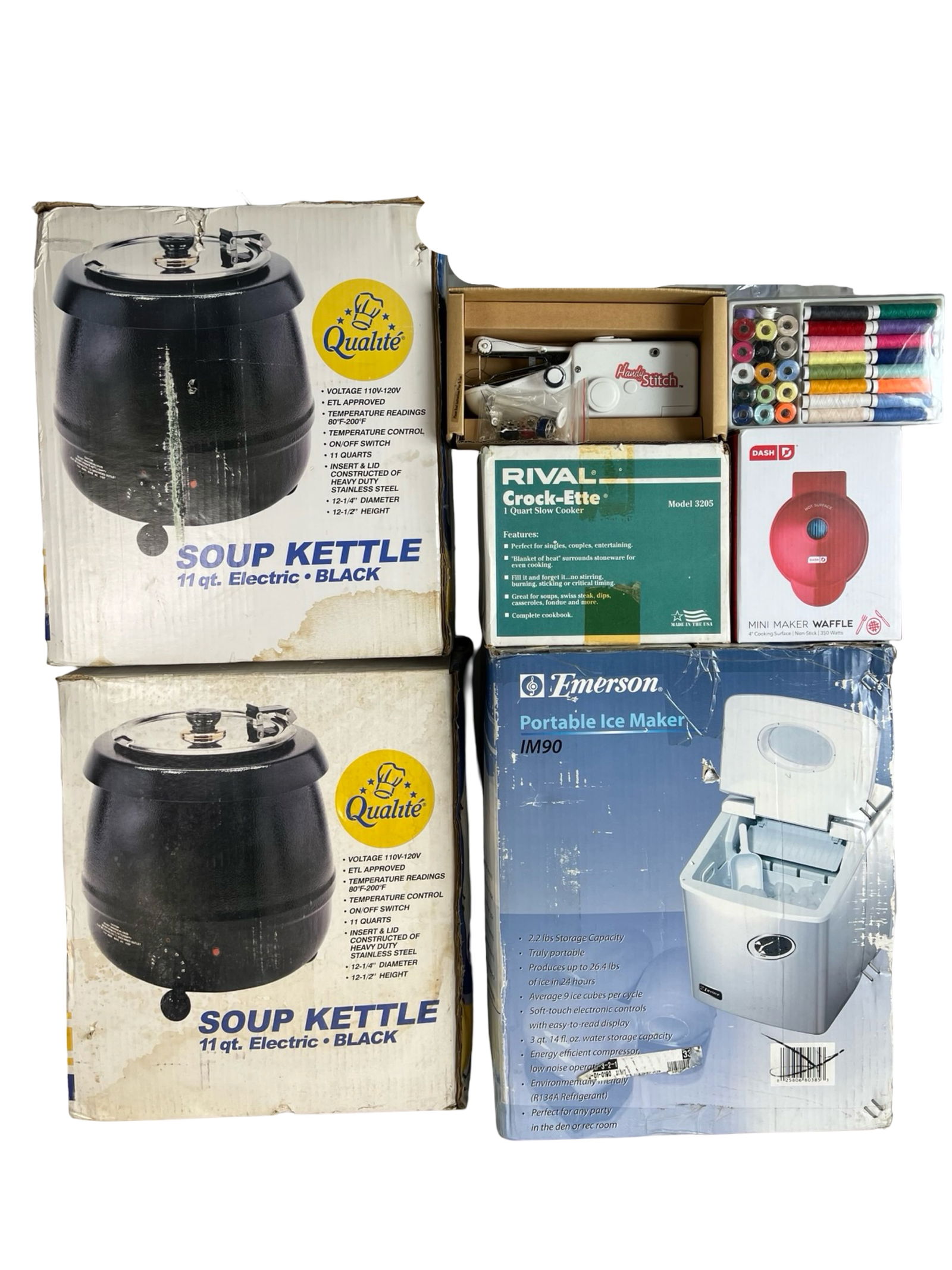 Kitchen Appliances - Soup Kettles, Ice Maker, Waff: Assorted lot of household and kitchen appliances including two Qualité 11 qt. electric soup kettles (used), one Emerson portable ice maker (appears unused), one Dash mini waffle maker (new), one Riva