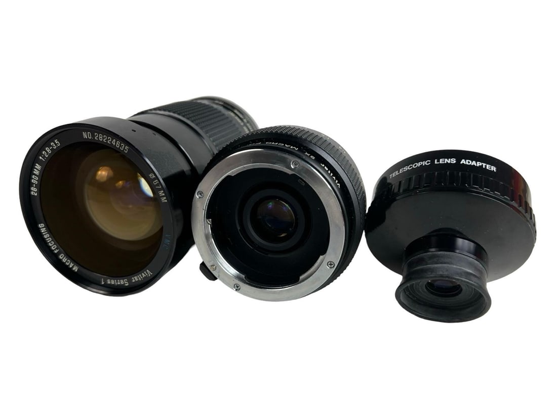 Vivitar 28-90mm f/2.8-3.5 Lens with 2X Macro Focus: Versatile vintage Vivitar Series 1 28-90mm f/2.8-3.5 zoom lens featuring macro focusing capability and a wide to medium telephoto range. Also included is a Vivitar 2X Macro Focusing Teleconverter for 