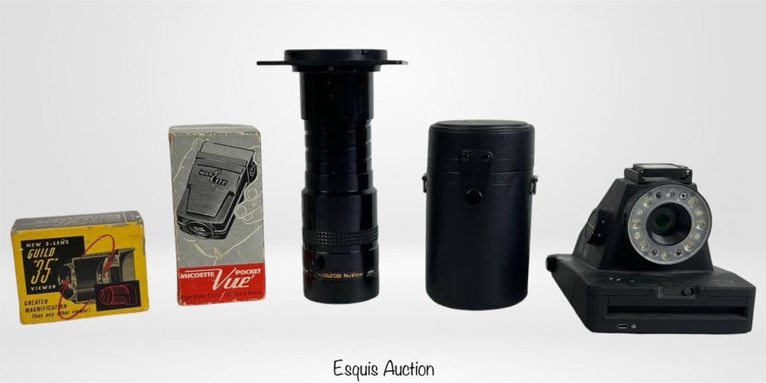 Lot of Vintage Cameras, Lenses, Viewers & Accessor: This eclectic lot includes a selection of vintage camera lenses, film viewers, and photographic accessories. Featured are a Guild "35" twin-lens film viewer in its original box and a boxed Micorette P