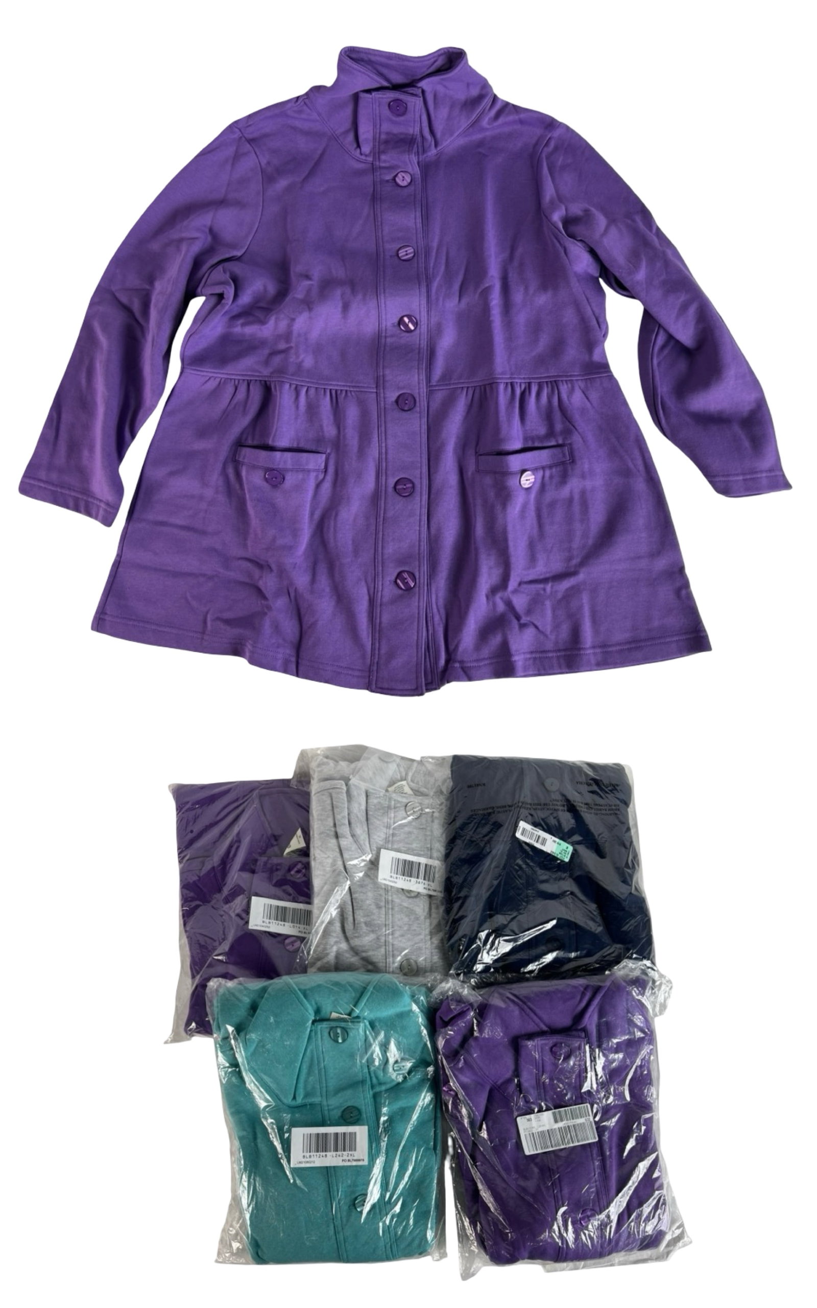 Lot of Women's Blair Button-Front Jackets Xl ,2XL: Collection of women's jackets by Blair, designed with a button-front closure, stand-up collar, long sleeves, and two front pockets. Stylish yet comfortable, these jackets offer a flattering fit for ca