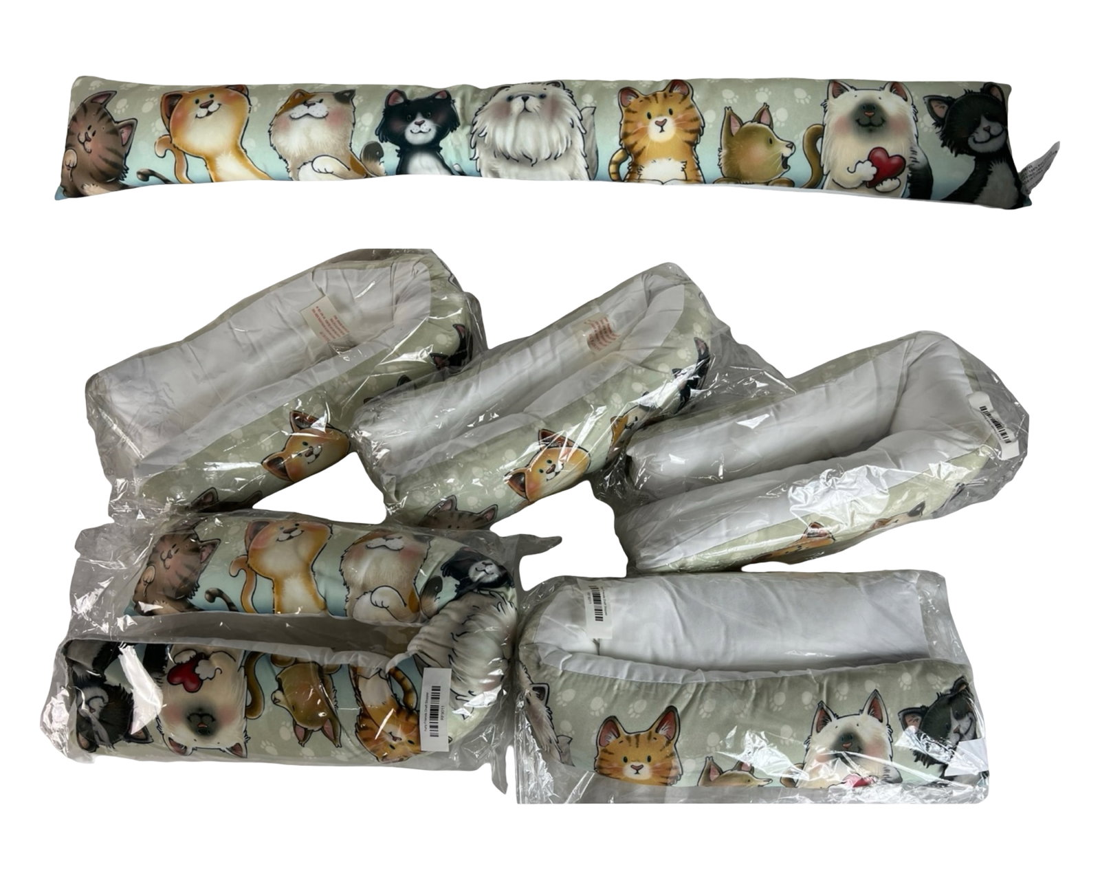 Lot of 6 Cat Print Door Draft Blockers NEW: Set of six decorative draft stoppers featuring a playful cat print design with assorted cartoon-style cats across the fabric. Each draft blocker is filled and ready to use, designed to be placed at th