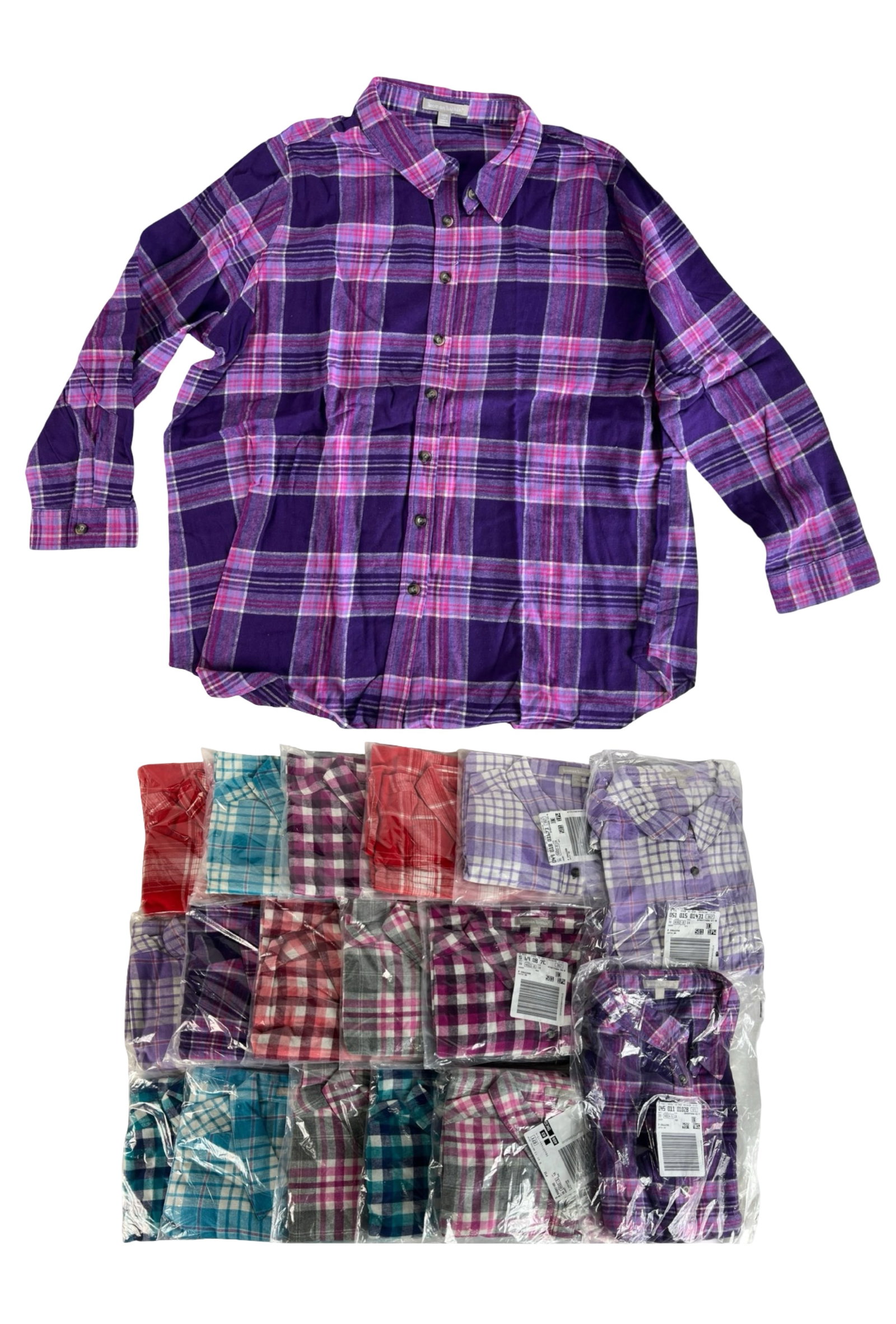 Lot of Women's Plaid Flannel Button-Up Shirts XL: ollection of women's long-sleeve plaid flannel shirts in assorted colors and patterns, including shades of purple, red, teal, gray, and more. Classic button-up design with collar and chest pocket, per