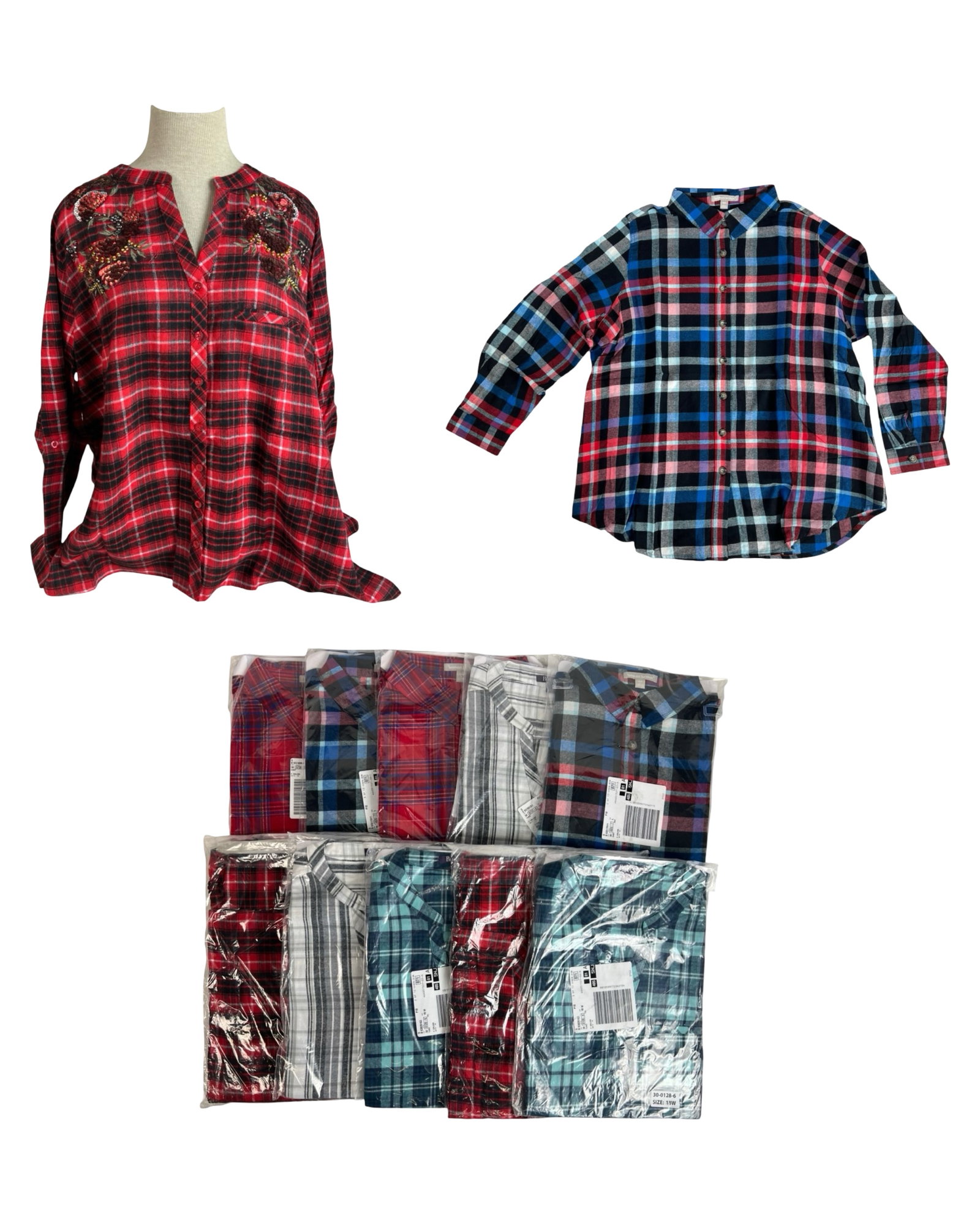 Lot of Women's Plaid Flannel Button-Up Shirts L/XL: Collection of women's plaid flannel button-up Romance and Woman Within shirts in assorted patterns and colors, including red, blue, teal, gray, and multi-tone designs. Features both classic button-fro