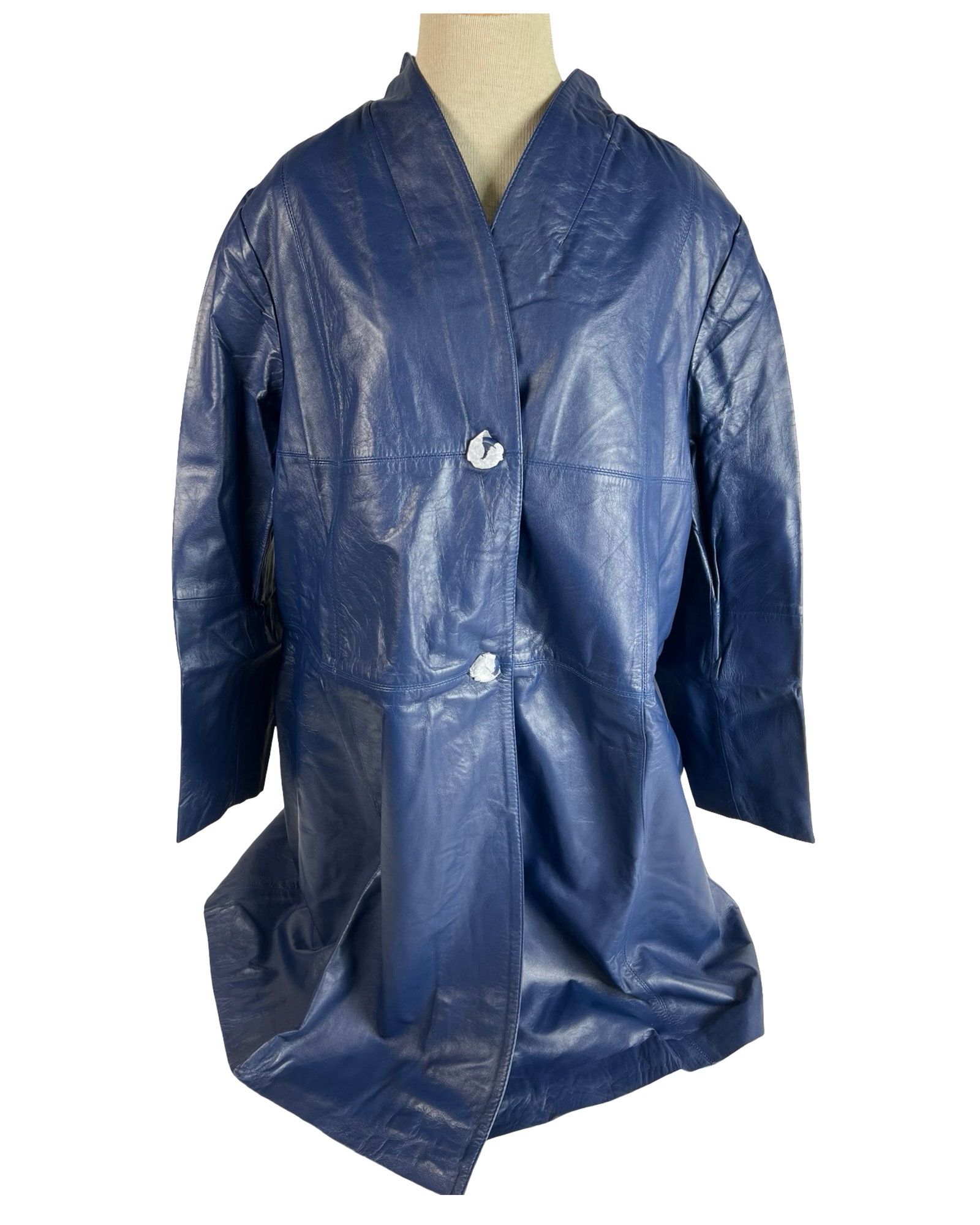 Jessica London Blue Leather Coat - Size L NWT: Classic Jessica London genuine leather coat in a deep blue finish. Designed with a clean open-front look, minimal collar, and two button closures. This versatile piece offers both elegance and comfort