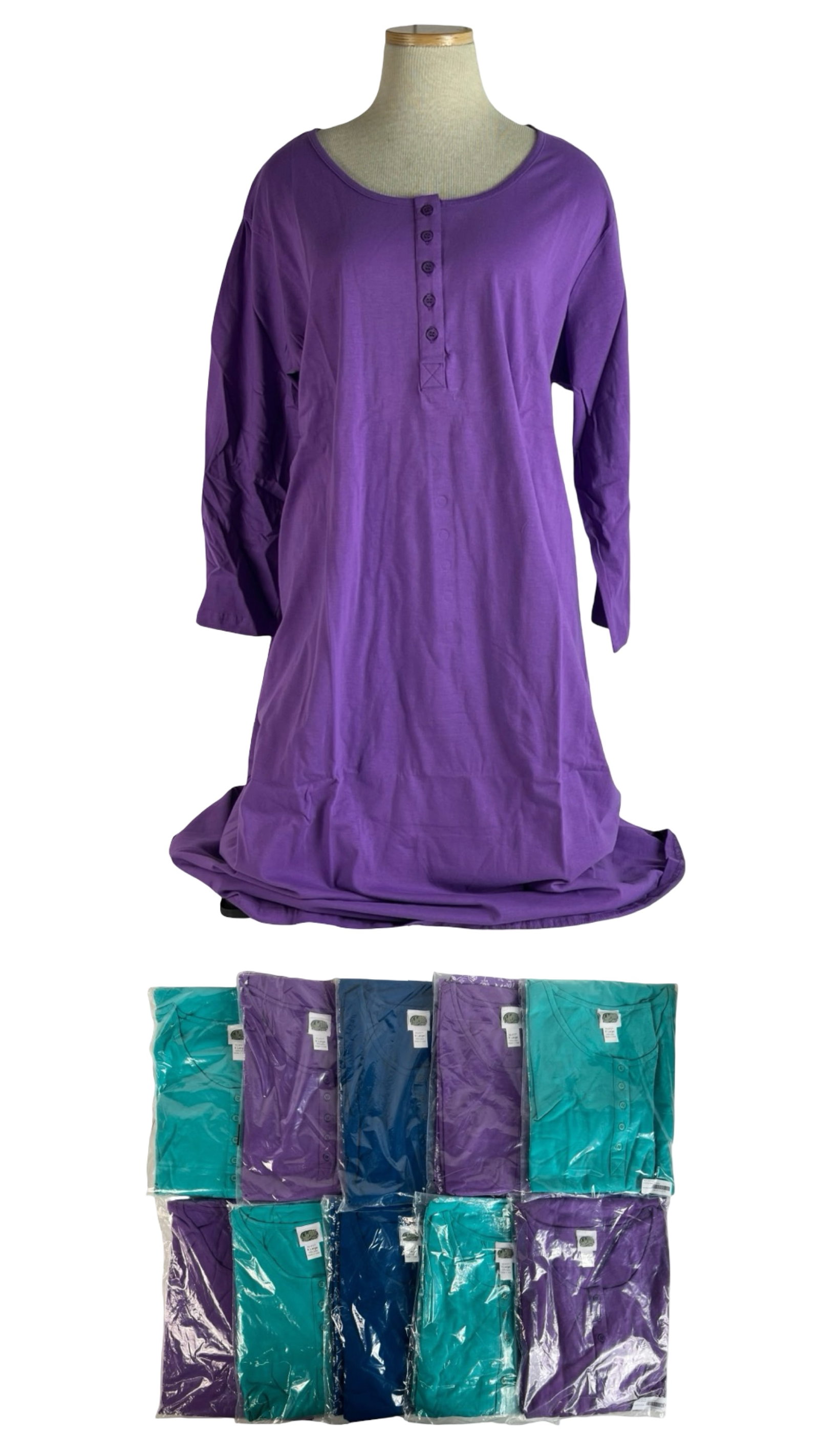 Lot of XL Women's Nightgowns NWT: Collection of XL women's nightgowns in assorted colors including teal, purple, and navy blue. Each gown features a round neckline, button-up front, and comfortable loose fit for lounging or sleeping. 