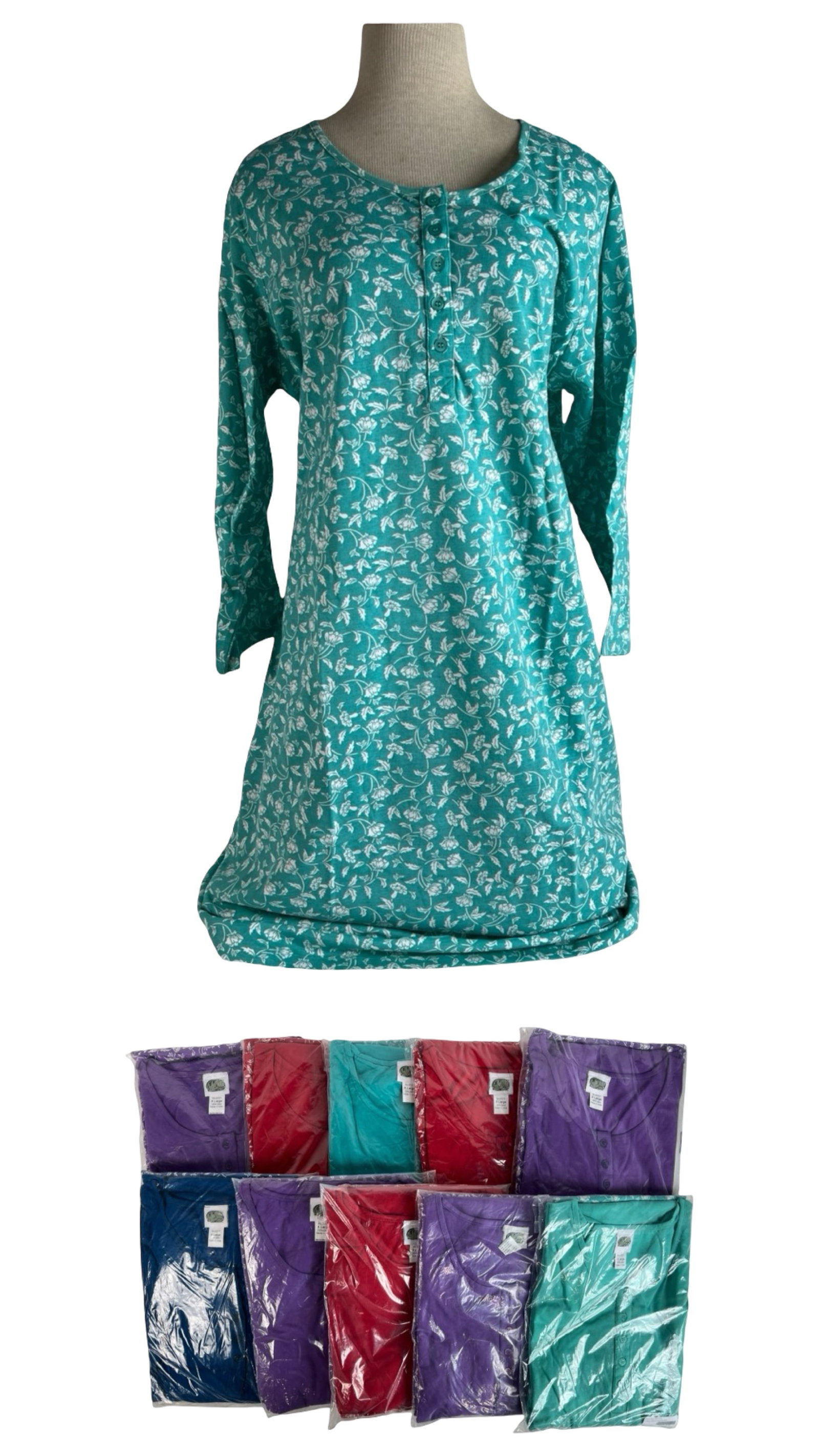 Lot of 10 XL Women's Cotton Nightgowns: Collection of XL women's nightgowns in assorted colors including teal, purple, and navy blue. Each gown features a round neckline, button-up front, and comfortable loose fit for lounging or sleeping. 