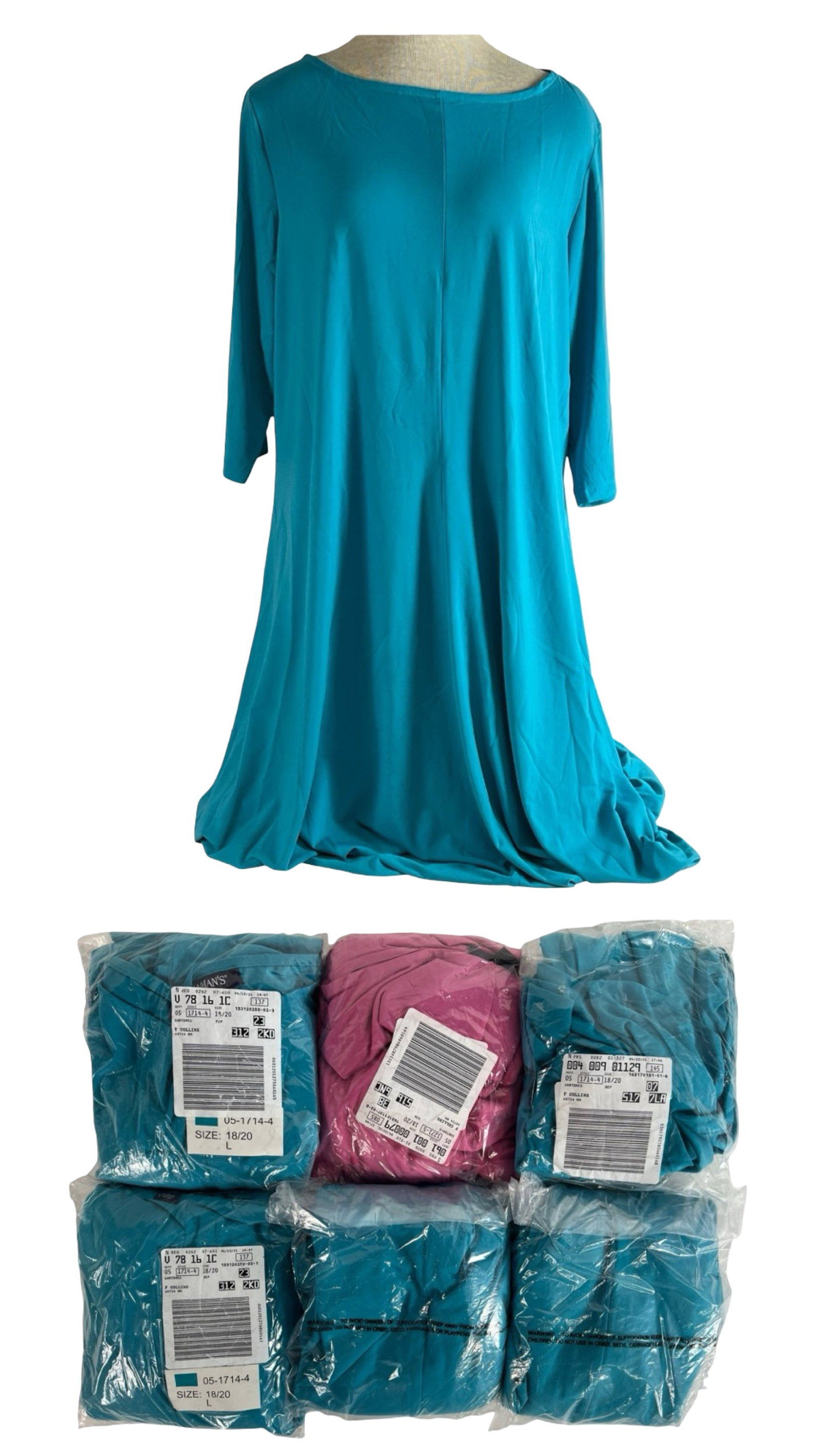 Women's Teal & Pink Long Sleeve Nightgowns - L: Lot of 6 women's long sleeve nightgowns in a soft, flowy design. Includes five in teal blue and one in pink. Comfortable and lightweight fabric, perfect for lounging or sleepwear. Each piece is size L