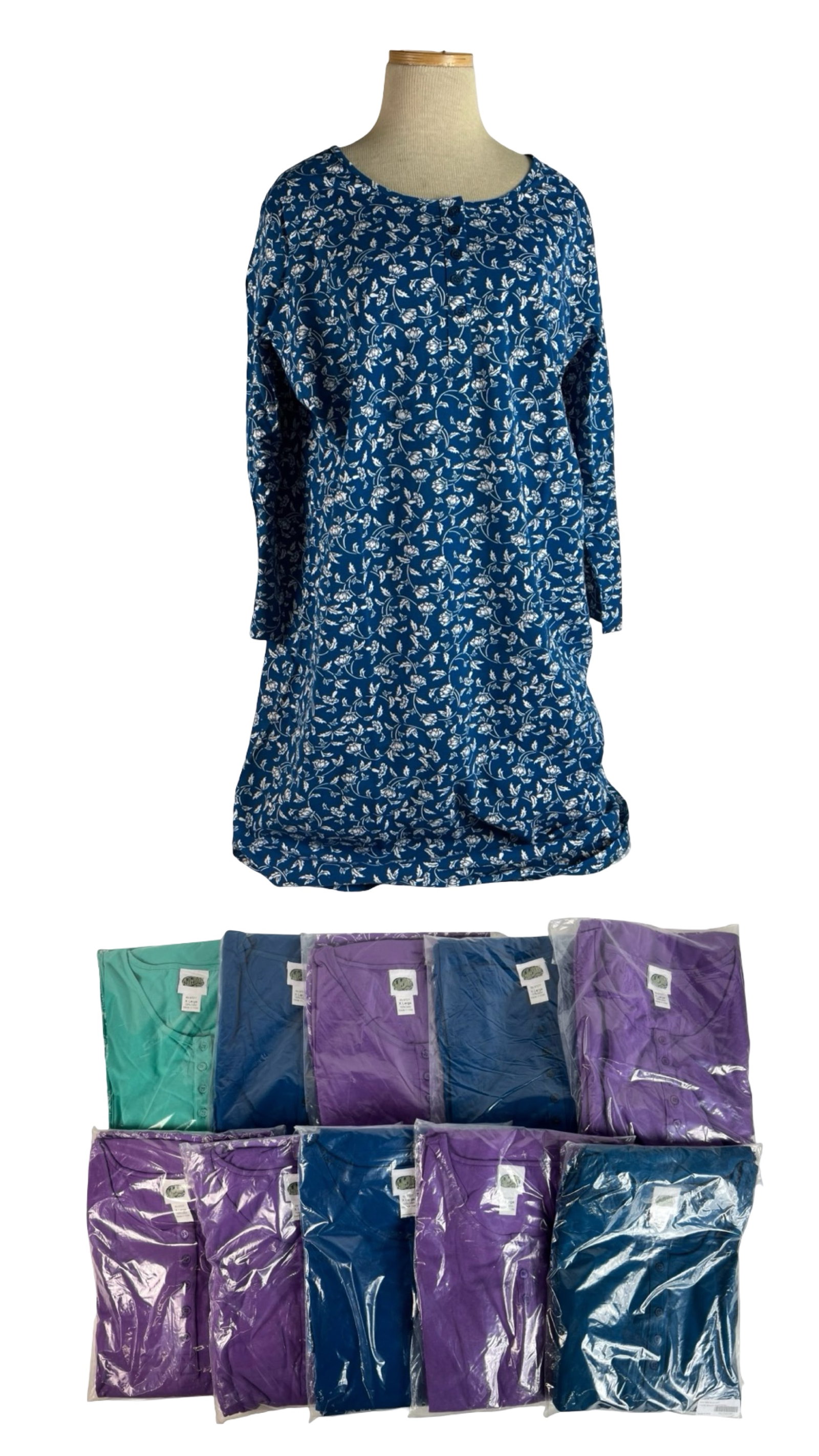 Lot of XL Women's Printed Cotton Nightgowns: Collection of women's cotton nightgowns in size XL, offered in packs of two. These lightweight nightgowns feature button fronts and relaxed fits for comfort and ease of wear. Assorted solid and floral