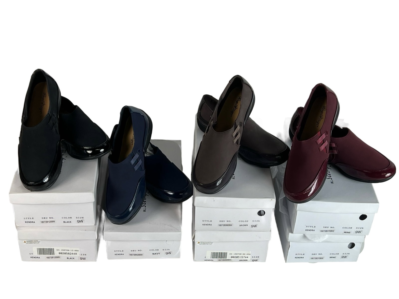 Lot of Angel Steps Comfort Slip-On Shoes Sz9: Lot of 4 pairs Angel Steps "Kendra" women's comfort slip-on shoes, all in size 9W (wide). Features include a sleek patent-style toe and trim, cushioned insole, and stretch side panels for an easy fit.