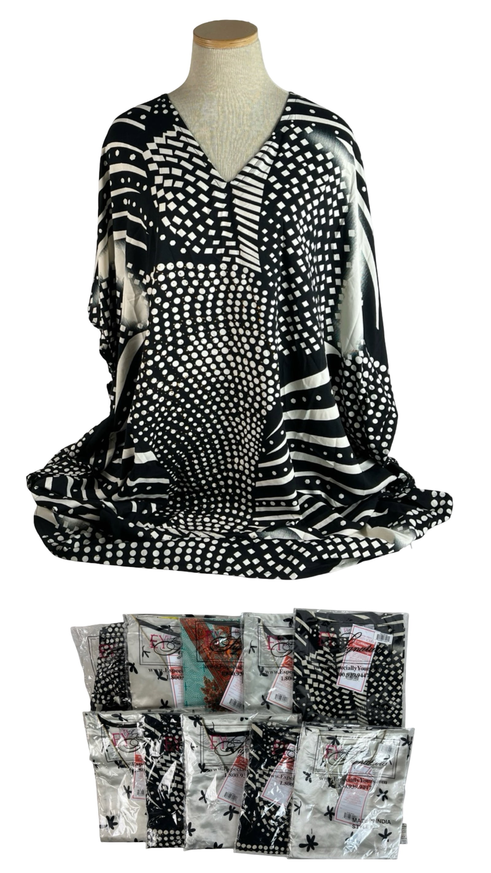 Especially Yours Women's Printed Satin Tunics: Collection of Especially Yours women's satin tunics in assorted bold prints and colors. Made in India, these flowing tunics feature lightweight satin fabric with vibrant allover designs, perfect for l