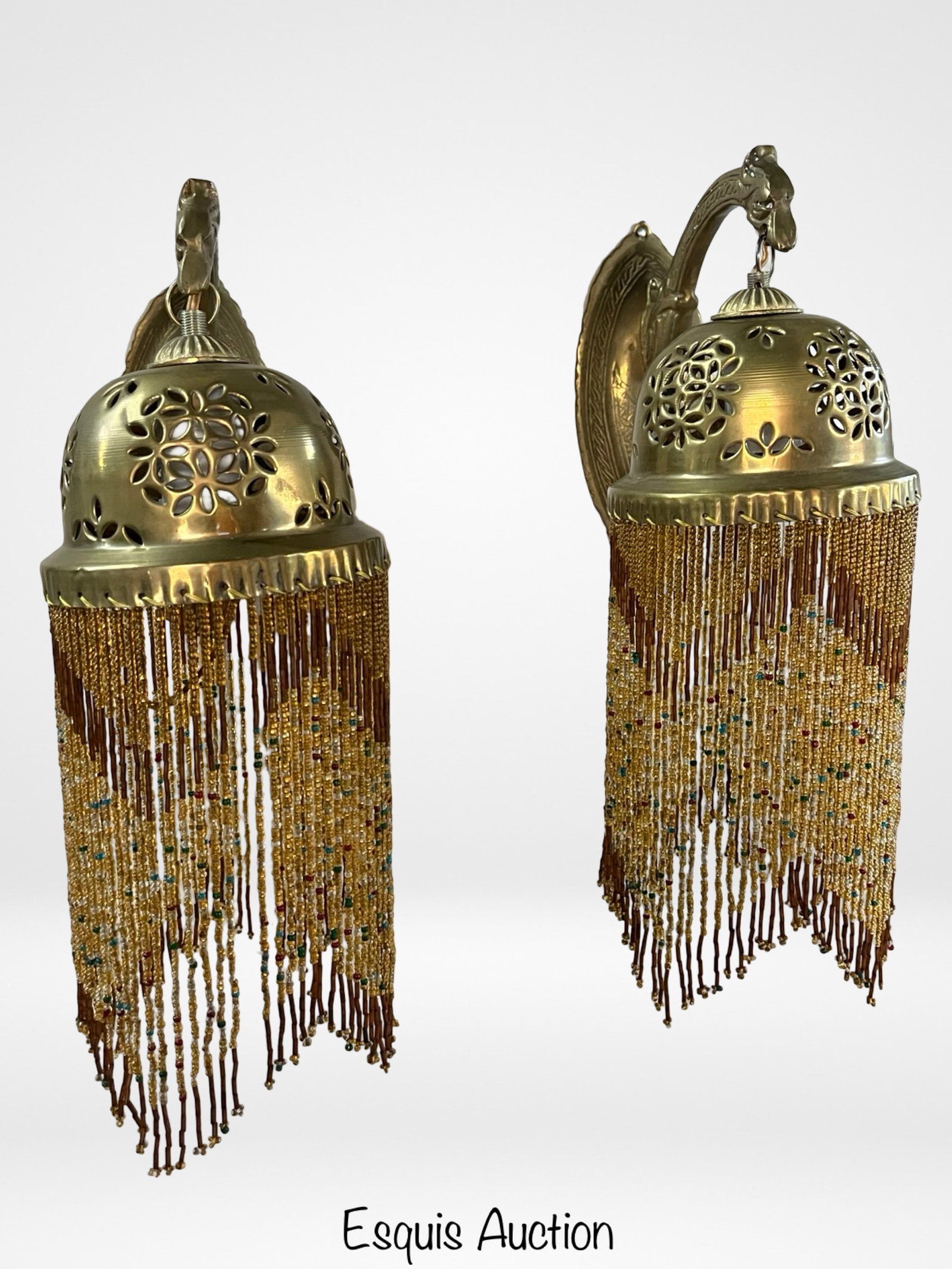 Pair of Brass Wall Sconces- Beaded Fringe Shades (1 of 4)