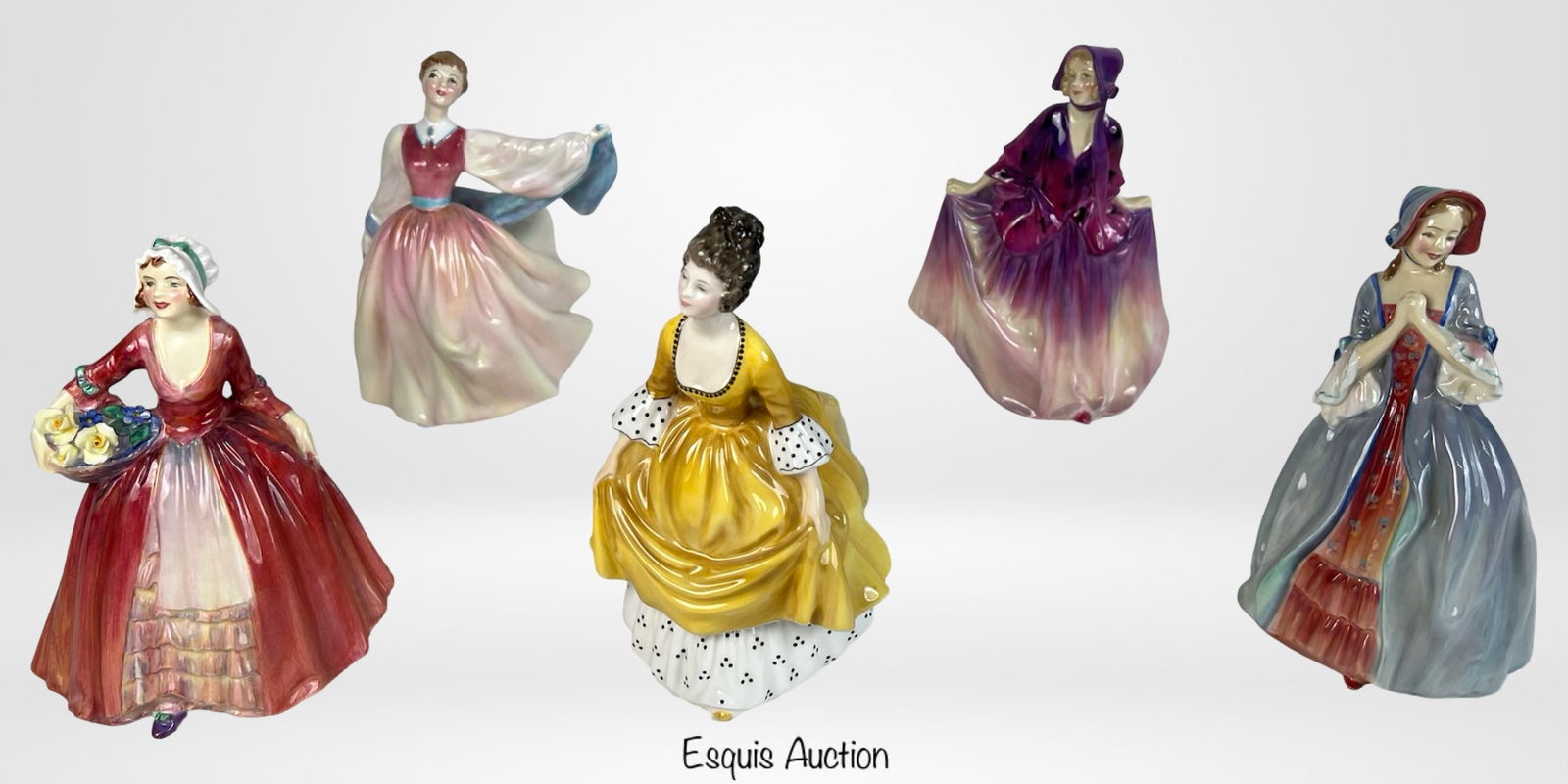 5 Royal Doulton Hand-Painted Lady Figurines: Collection of five exquisite Royal Doulton hand-painted bone china figurines, each finely detailed and marked on the base. Included are "Gay Morning" HN2135, "Sweet Anne" HN1496, "Deidre" HN2020, "Jan