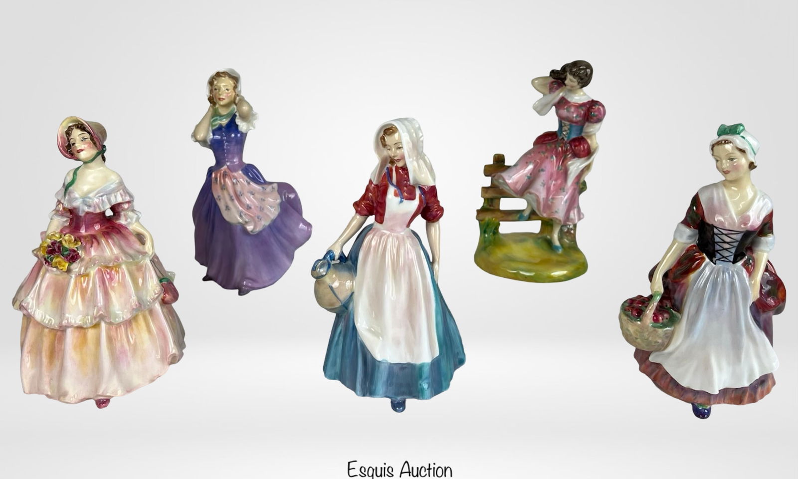 5 Royal Doulton Lady Porcelain Figurines: Collection of five Royal Doulton bone china figurines, each hand-painted and finely detailed. The group includes Irene HN1621, Betsy HN2111, Jersey Milkmaid HN2057, Pfue HN1996, and Summer HN2086. Hei