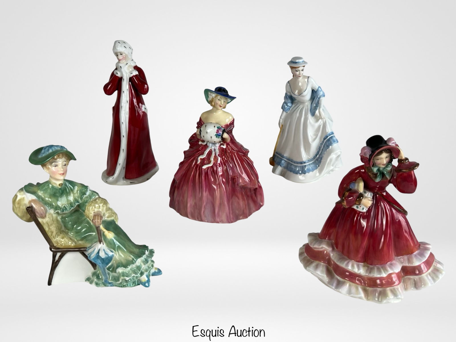 5 Royal Doulton Ladies Porcelain Figurines: Charming collection of five Royal Doulton hand-painted bone china figurines, each beautifully modeled and finished in vibrant glazes. The group includes "Genevieve", "Summertime" HN3137, "Ascot" HN235