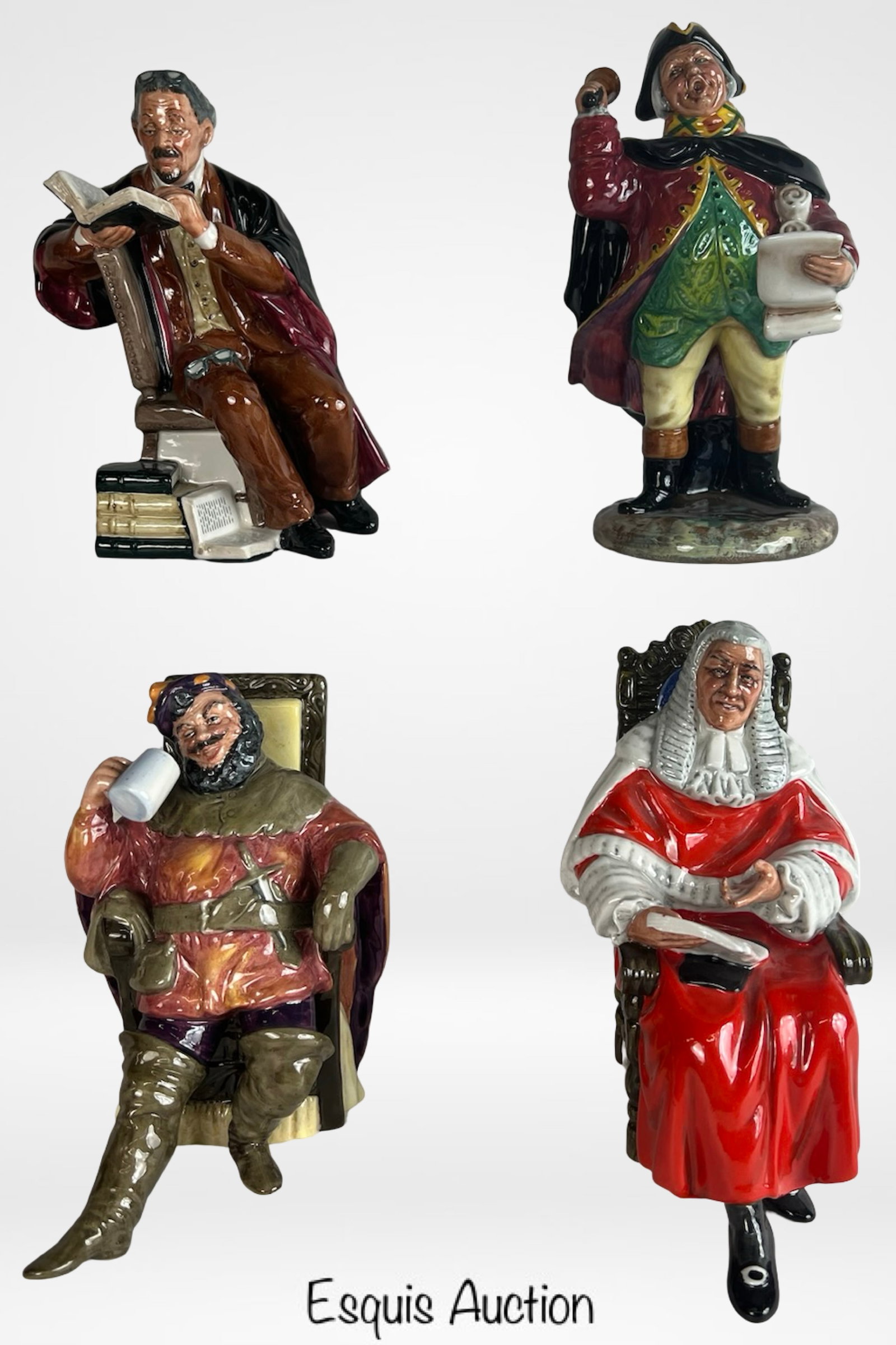 Royal Doulton Porcelain Figurines - Lot of Four: Charming collection of four Royal Doulton character figurines depicting professions and historical themes. Included are "The Professor" HN2281, modeled as a scholarly figure with books; "Town Crier" H