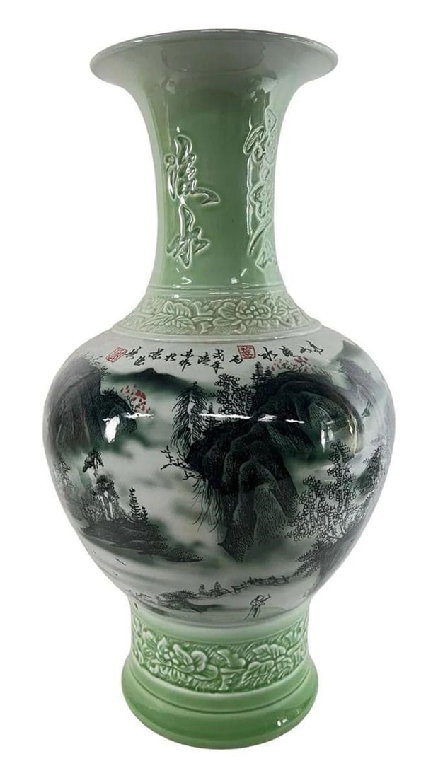 Large 25" Chinese Hand-Painted Porcelain Vase: Impressive 25" tall Chinese porcelain vase featuring a hand-painted mountain landscape scene with red foliage accents and traditional calligraphy. The bulbous body is decorated with finely detailed sc