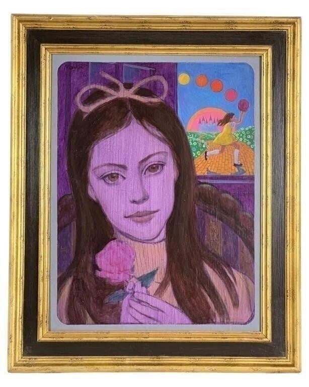 Purple Girl- Modernist Portrait Oil Painting: Immerse yourself in the expressive world of modernist portraiture with this evocative oil painting on board.Depicting a young girl adorned with a delicate flower, the composition is brought to life th
