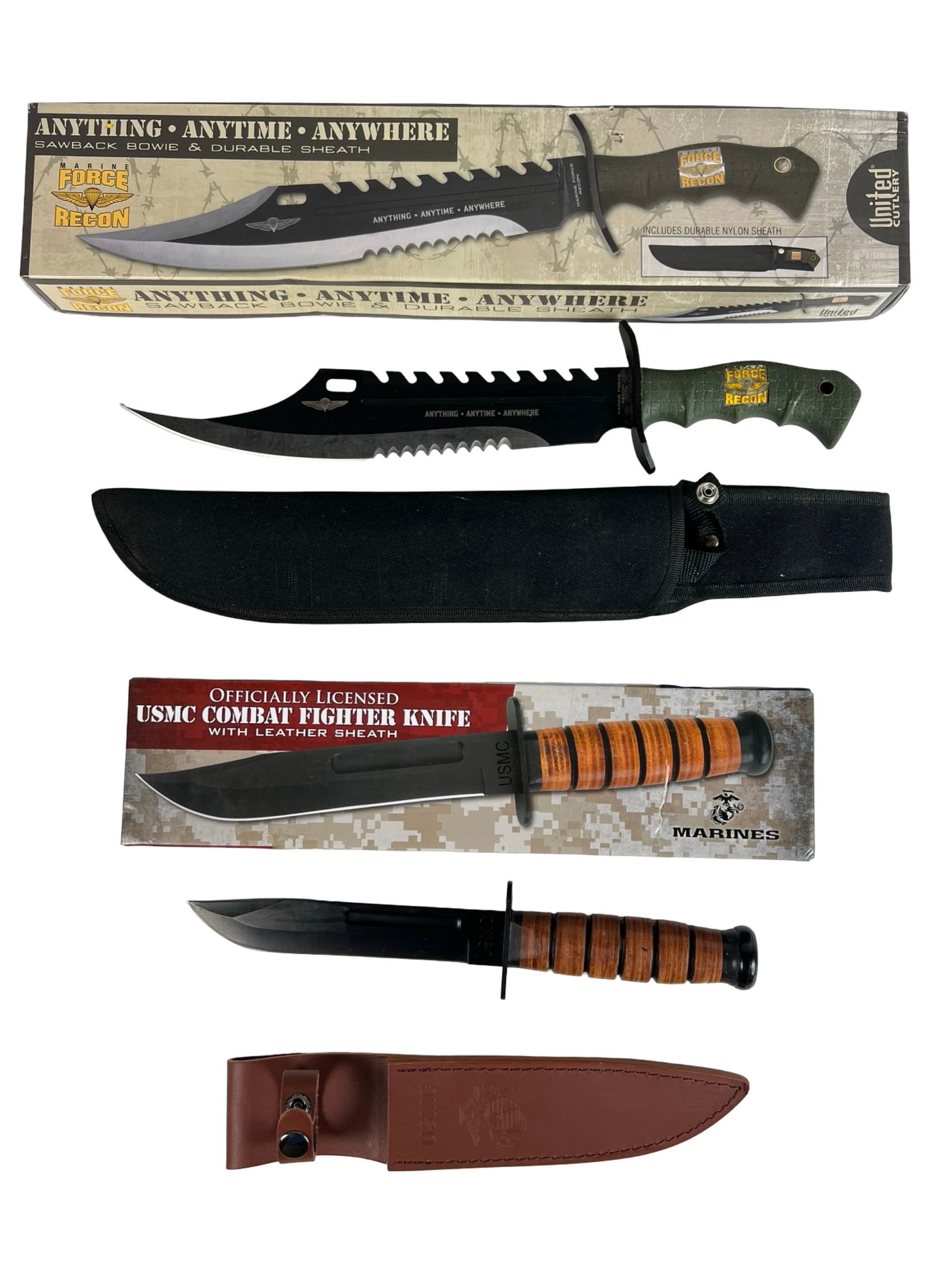Tactical Bowie Knives - USMC Combat & Force Recon: Pair of tactical bowie knives including a 16 1/2" sawback survival knife with "Anything Anytime Anywhere" etched blade and nylon sheath, modeled in the style of Army Force Recon by United Cutlery. Als