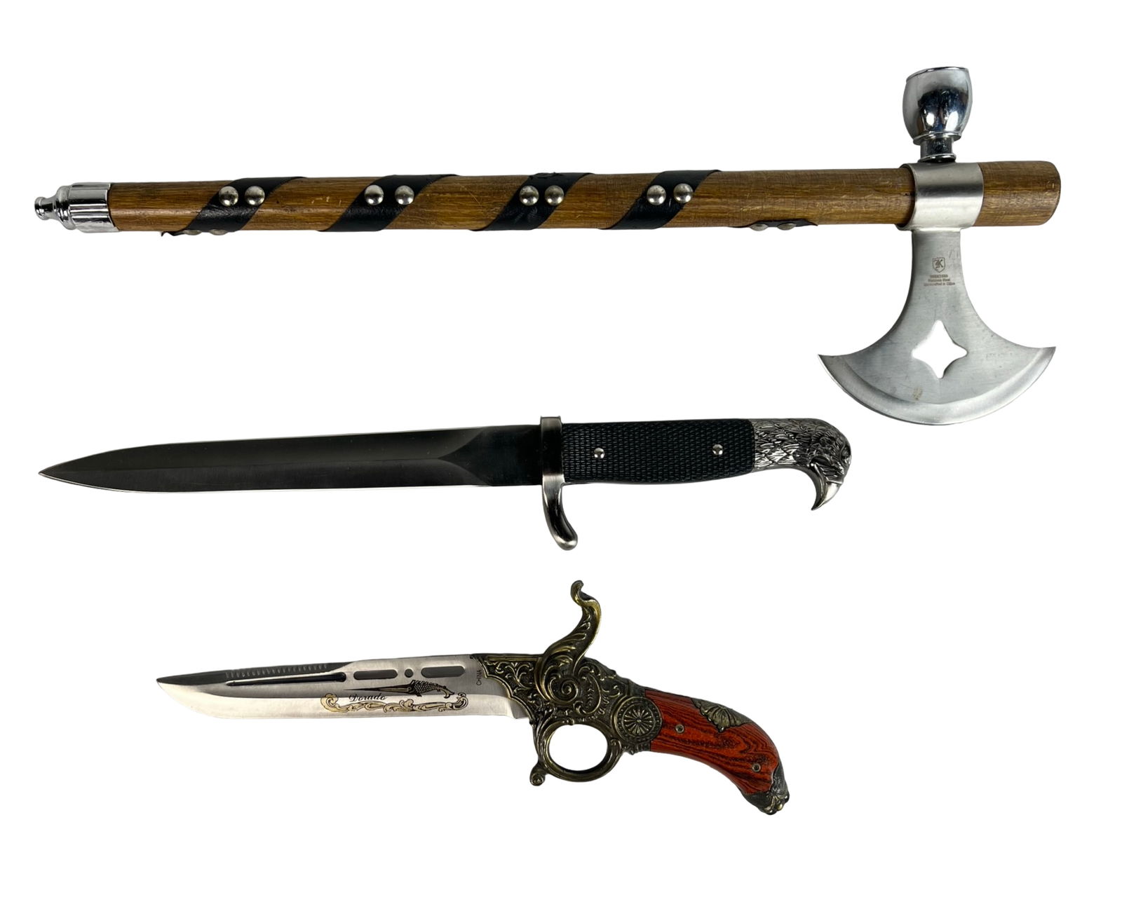 Decorative Axe Pipe and Fantasy Knives: Unique trio featuring a tomahawk-style axe with smoking pipe function, metal blade with diamond cut-out, and wooden handle wrapped with studs and leather accents (approx. 19" long). Includes a dagger