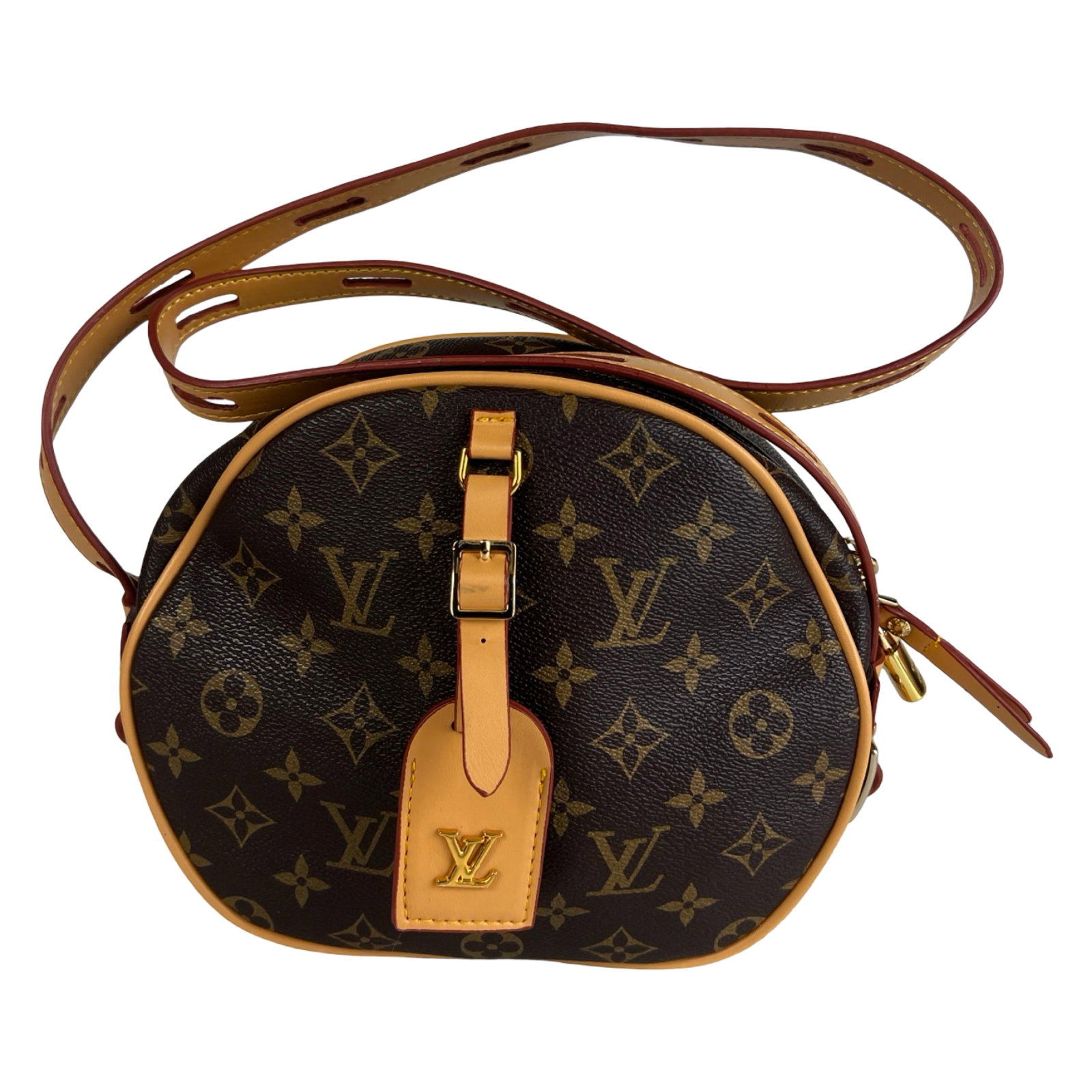 Monogram Canvas Boite Chapeau Souple Crossbody Bag: Chic and compact round crossbody bag in classic monogram canvas with natural leather trim and gold-tone hardware. This dome-shaped bag features a structured silhouette, top zip closure with leather pu