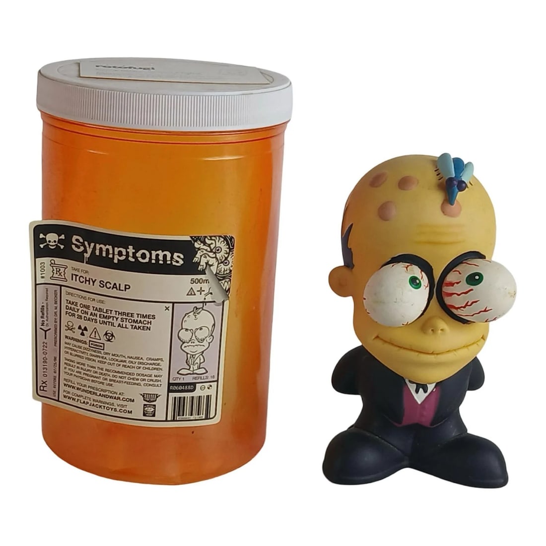 "Symptoms: Itchy Scalp" Figure by Flap Jack Toys: Humorous and grotesque, this "Symptoms: Itchy Scalp" vinyl figure by Flap Jack Toys is a parody collectible styled in the spirit of early Funko and MAD-style figures. The character features exaggerate