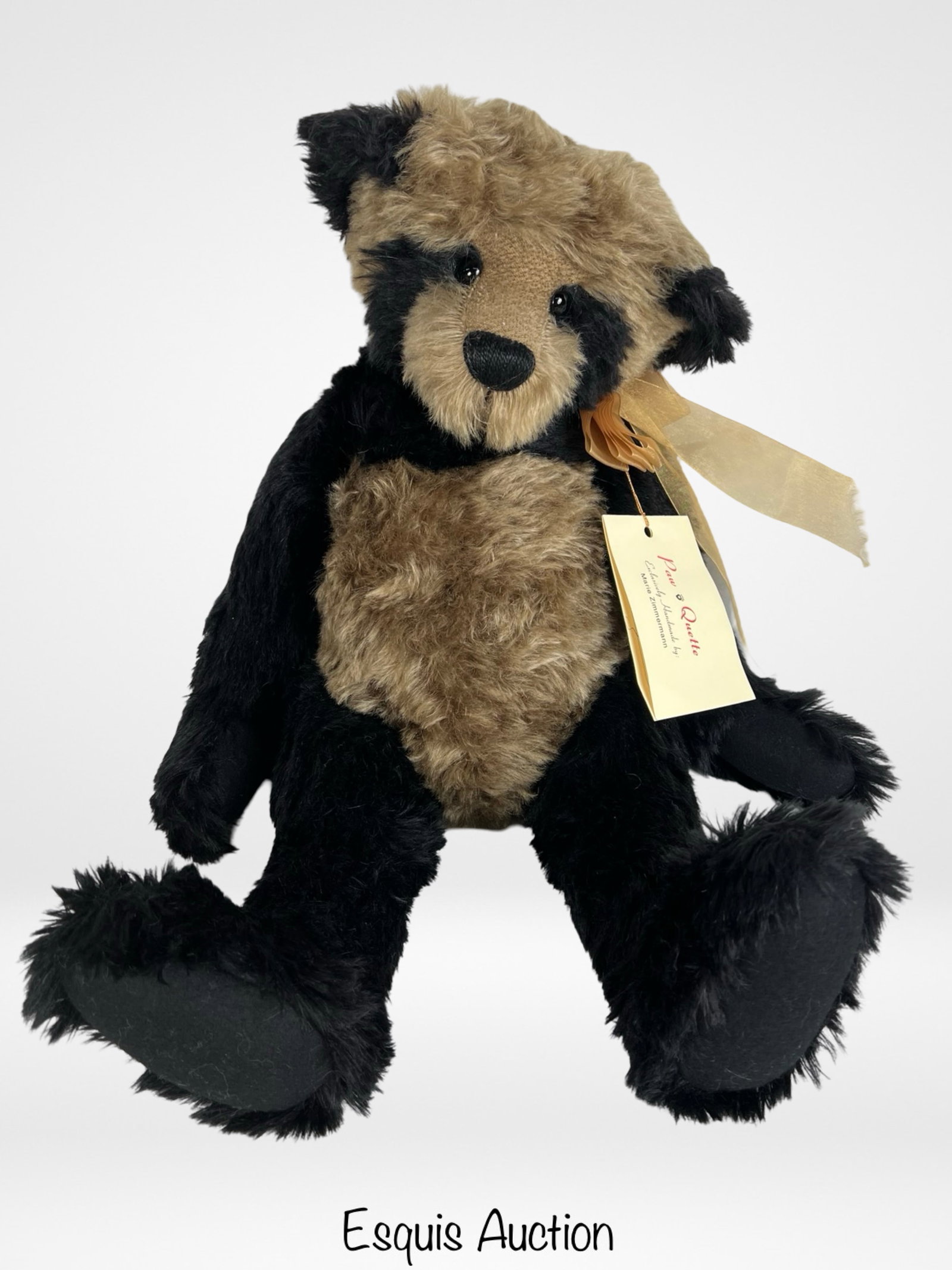 Paw Quette Teddy Bear by Marie Zimmermann: Charming 22-inch artist teddy bear named "Quong Loi", exclusively handmade by Marie Zimmermann of Paw Quette. This unique collectible is crafted from luxurious 1" wavy English mohair in a striking bla