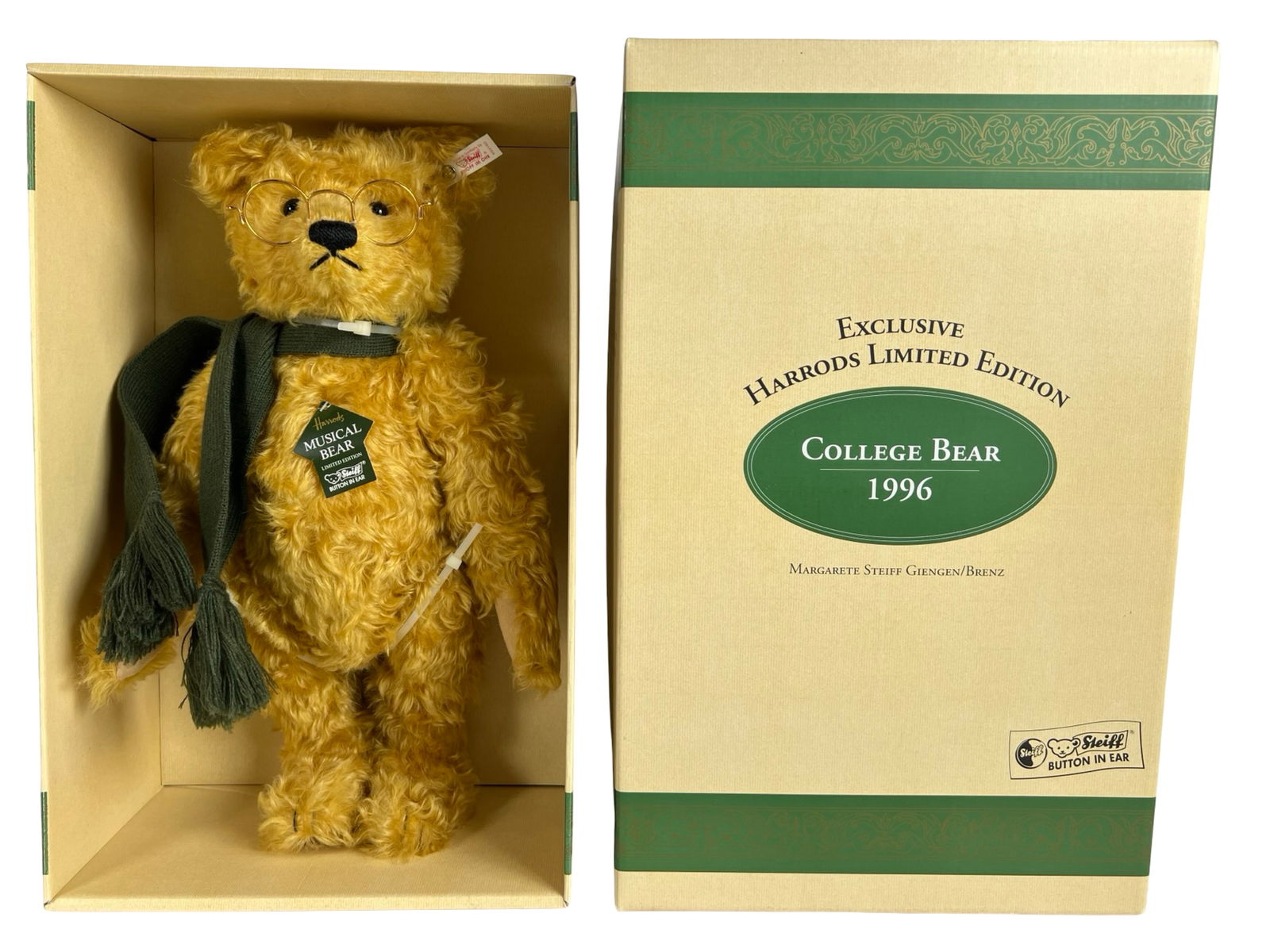 Steiff Harrods Exclusive Musical College Bear- LE: Charming and scholarly, this Harrods Exclusive "College Bear" by Steiff is a 1996 limited edition release, crafted in celebration of more than 100 years of trading partnership between Harrods and Marg