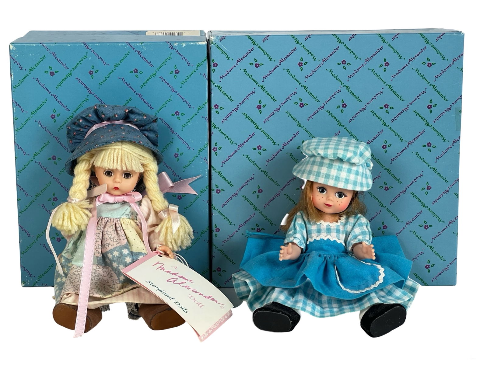Pair of Madame Alexander Dolls - Bonnet Top Wendy: Charming set of two 8" Madame Alexander dolls from the Starlight series, including "Bonnet Top Wendy" (#14487) with blonde yarn braids and blue eyes, and "Maggie Mix-Up" (#31000) with auburn hair, fre