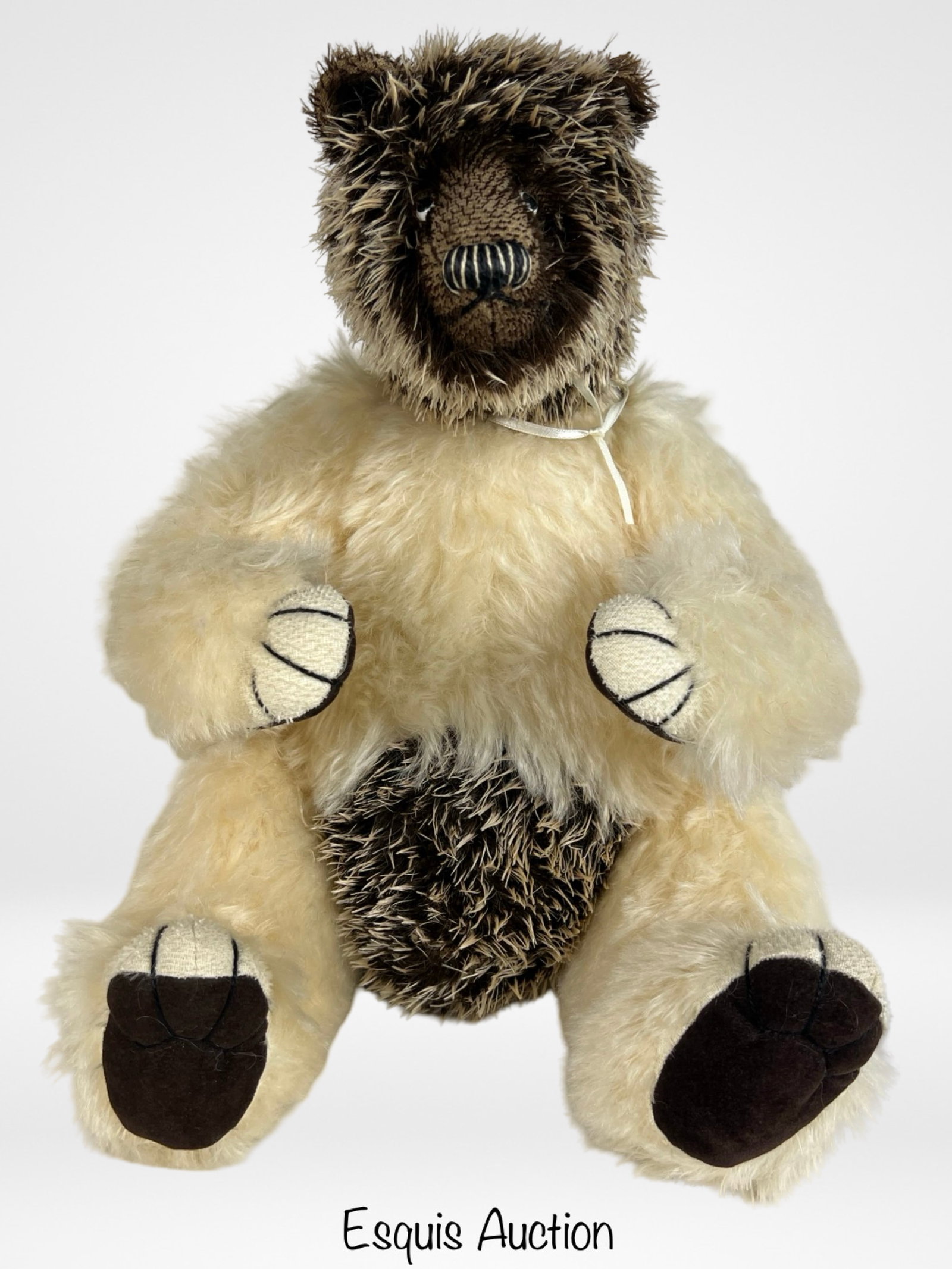 Artist-Signed "Citra Hoger" Mohair Teddy Bear: Charming one-of-a-kind handmade teddy bear crafted from premium mohair in a unique two-tone design. The bear features a cream-colored body with dark brown textured mohair on the head and belly, giving