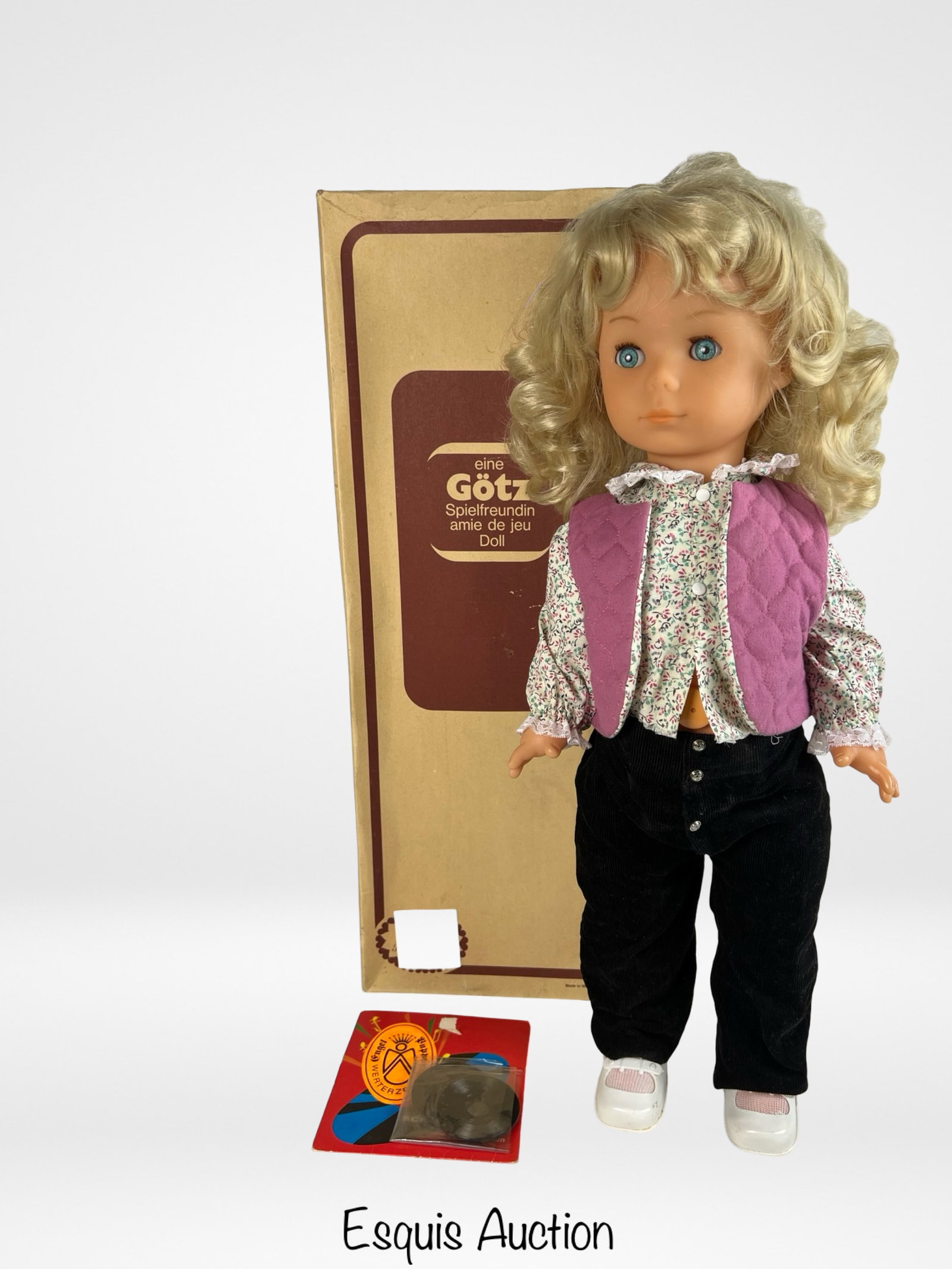 Gotz 24" Talking Walking Blonde Doll: Vintage 24-inch Gotz Spielfreundin doll with blonde curls, blue sleep eyes, and floral outfit with vest and corduroy pants. Features built-in battery-operated mechanism that allows the doll to talk an