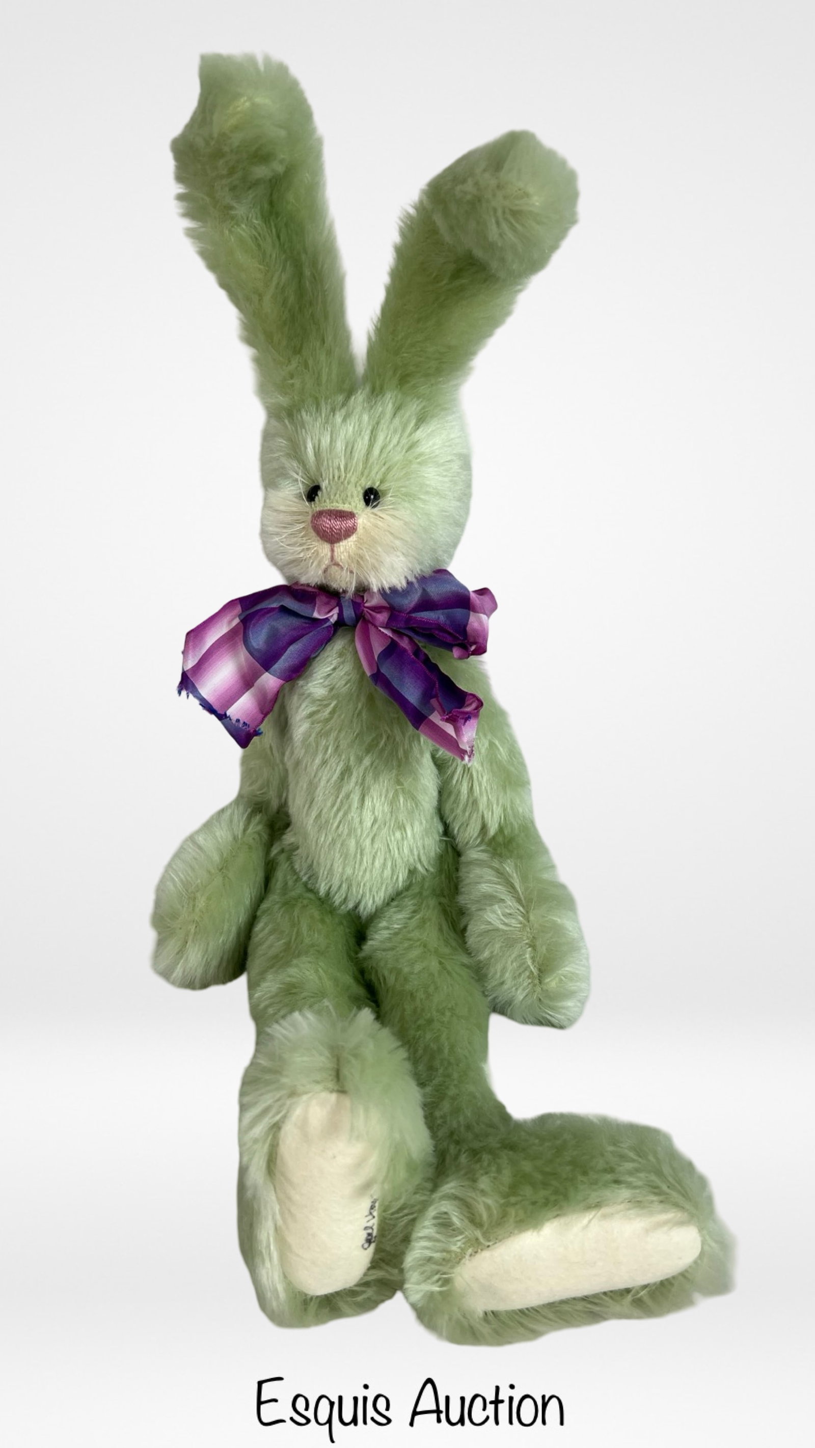 Gail Myers "Carrot Beans" Artist Bunny Doll: Charming artist-made bunny by Gail Myers, titled Carrot Beans. This whimsical creation features soft green mohair fur, an expressive face with a pink stitched nose, and oversized ears for added charac