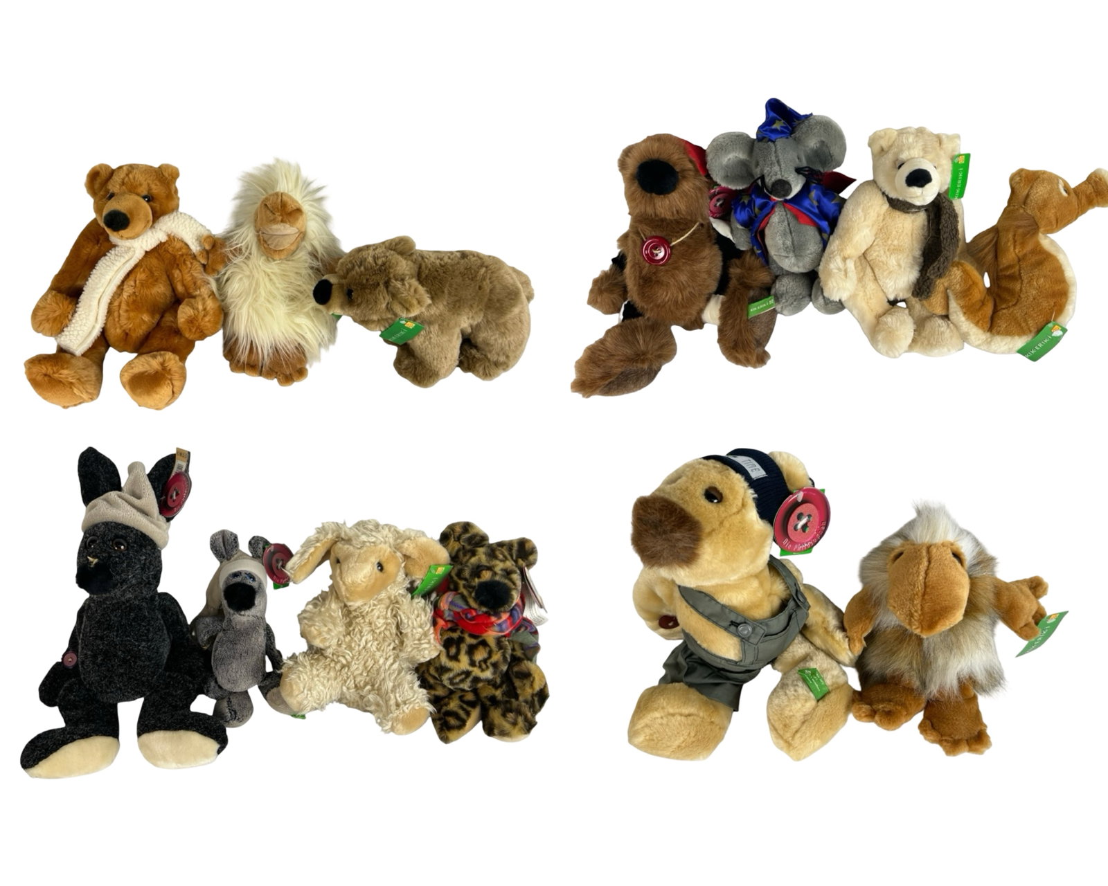 German Kik-Erik-I Plush Animals: Collection of assorted German Kik-Erik-I plush animals, each with distinctive designs and charming character details. Includes bears and other whimsical creatures, many with tags attached. A unique an