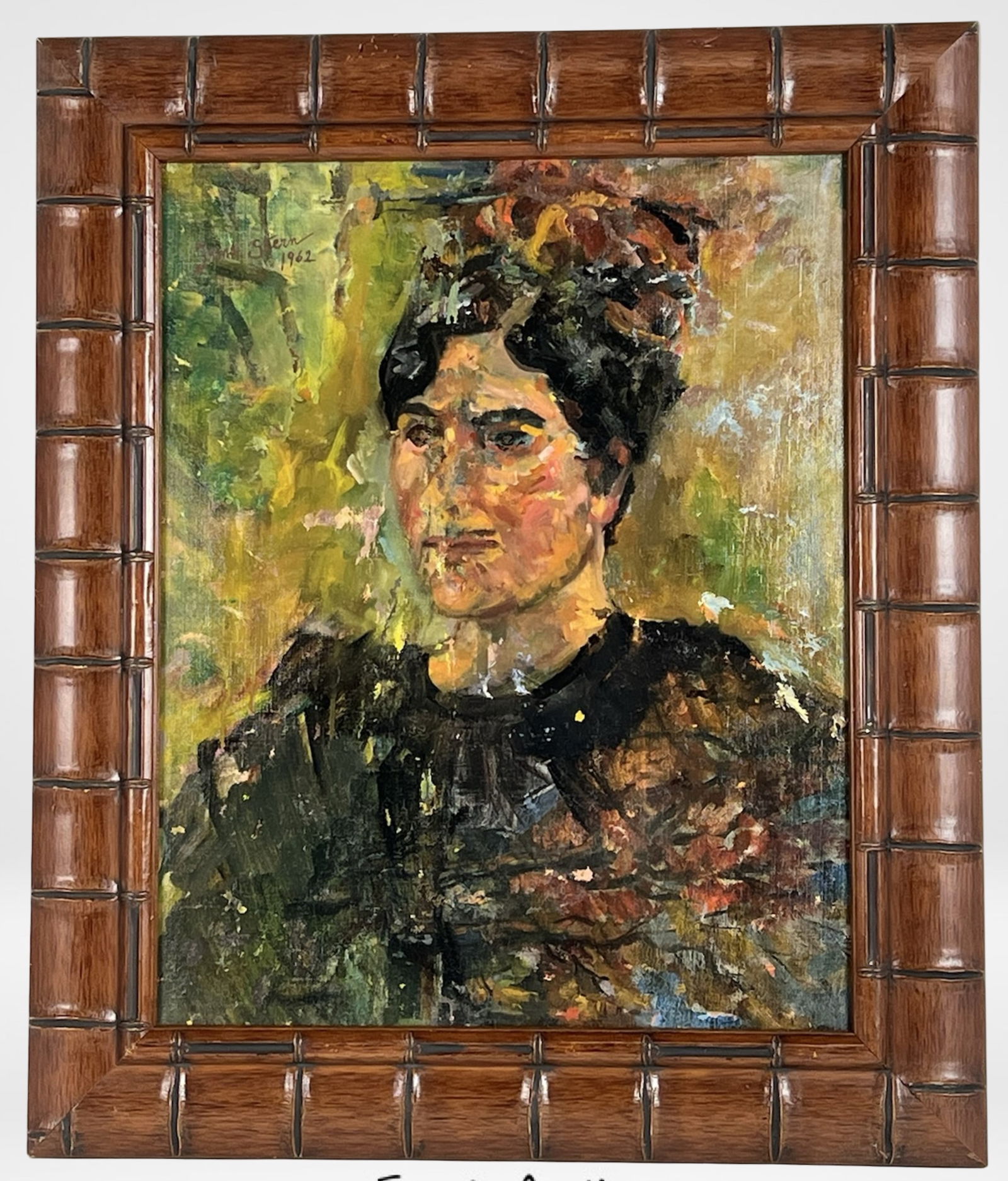 Irma Stern (Manner) - Expressive Female Portrait: Expressive oil on canvas portrait executed in the manner of acclaimed South African artist Irma Stern. The painting captures a contemplative woman against a textured, abstract background in earthy ton
