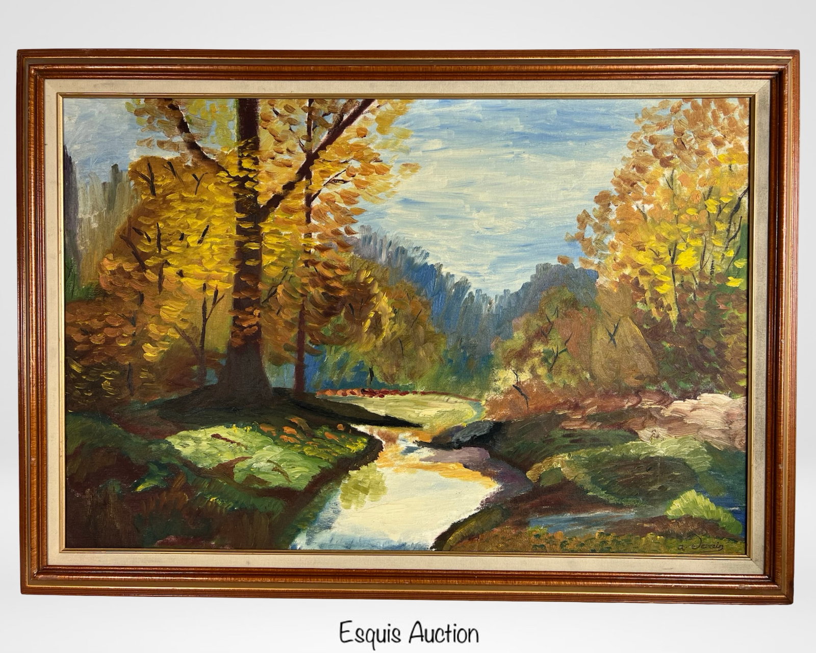 Autumn Landscape Oil Painting- European School: Capturing the rich, golden tones of autumn foliage, this expressive oil painting on board offers a peaceful wooded stream scene rendered in a vivid European Impressionist style. Broad, gestural brushs