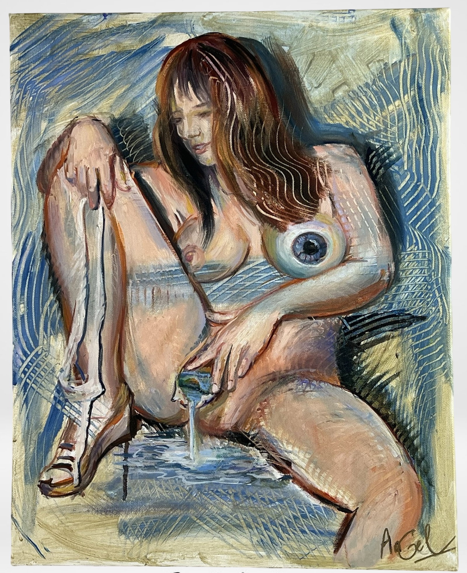 Oksana Grineva Surreal Provocative Nude Painting: Powerfully symbolic and evocative, this surrealist oil on canvas by Oksana Grineva features a nude female figure rendered in a uniquely expressive style. With exaggerated anatomy and dreamlike distort