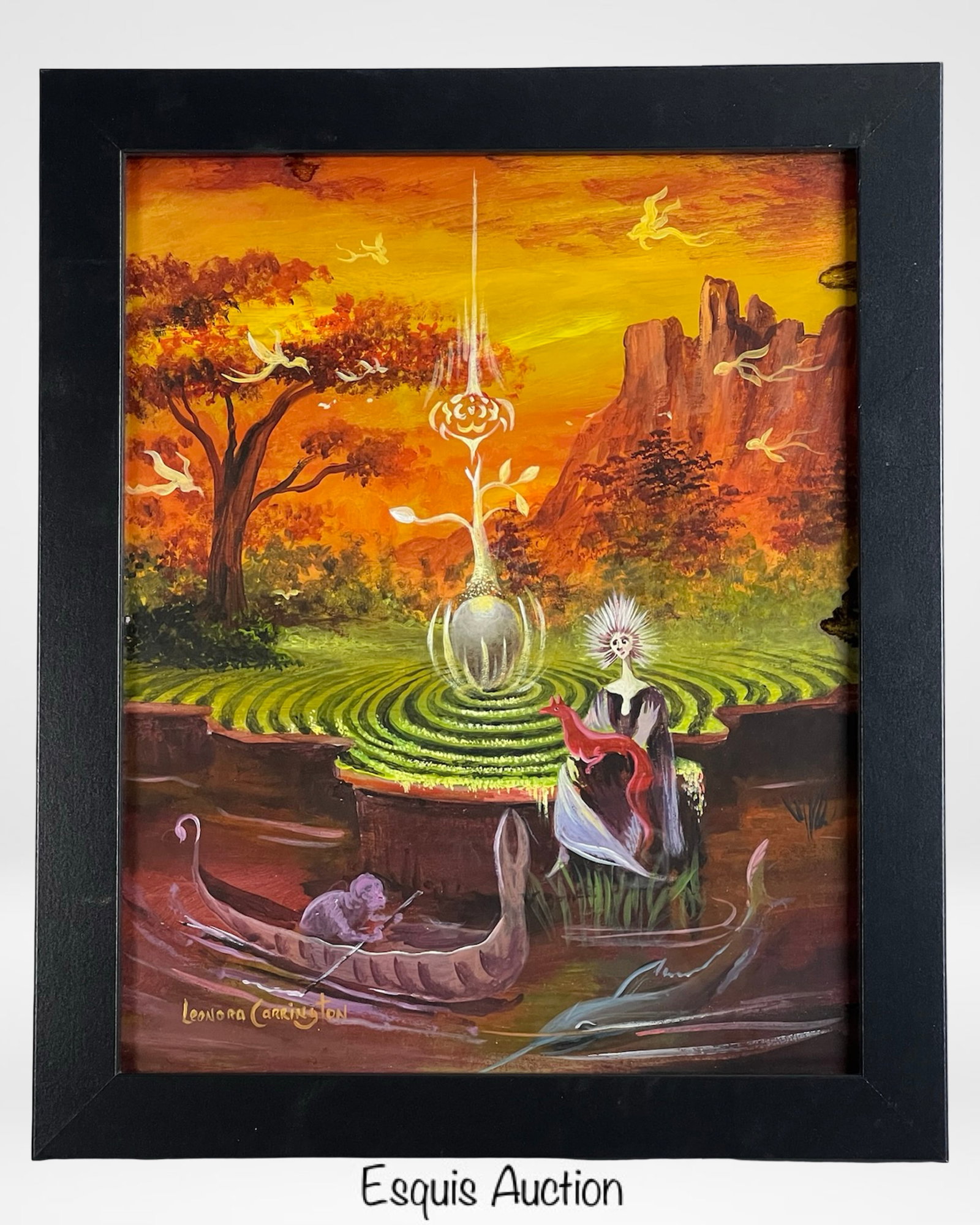 Leonora Carrington (Attrib) - Surrealist Painting: A captivating surrealist composition attributed to Leonora Carrington, this dreamlike oil painting depicts a mystical scene bathed in radiant orange hues. The fantastical landscape features a robed fe