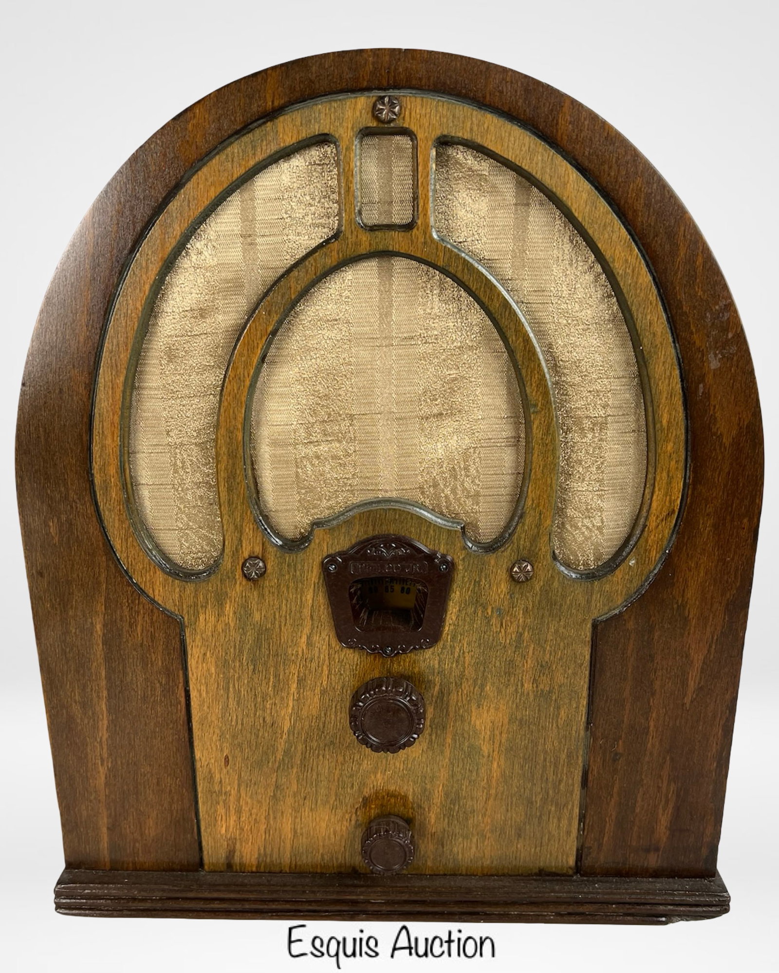 Philco Jr. "Baby Grand" Cathedral Tube Radio: Charming 1930s Philco Model 80 "Baby Grand" cathedral tube radio, commonly known as the "Philco Jr." Distinctive arched design with decorative grillework over gold mesh speaker cloth, original tuning 