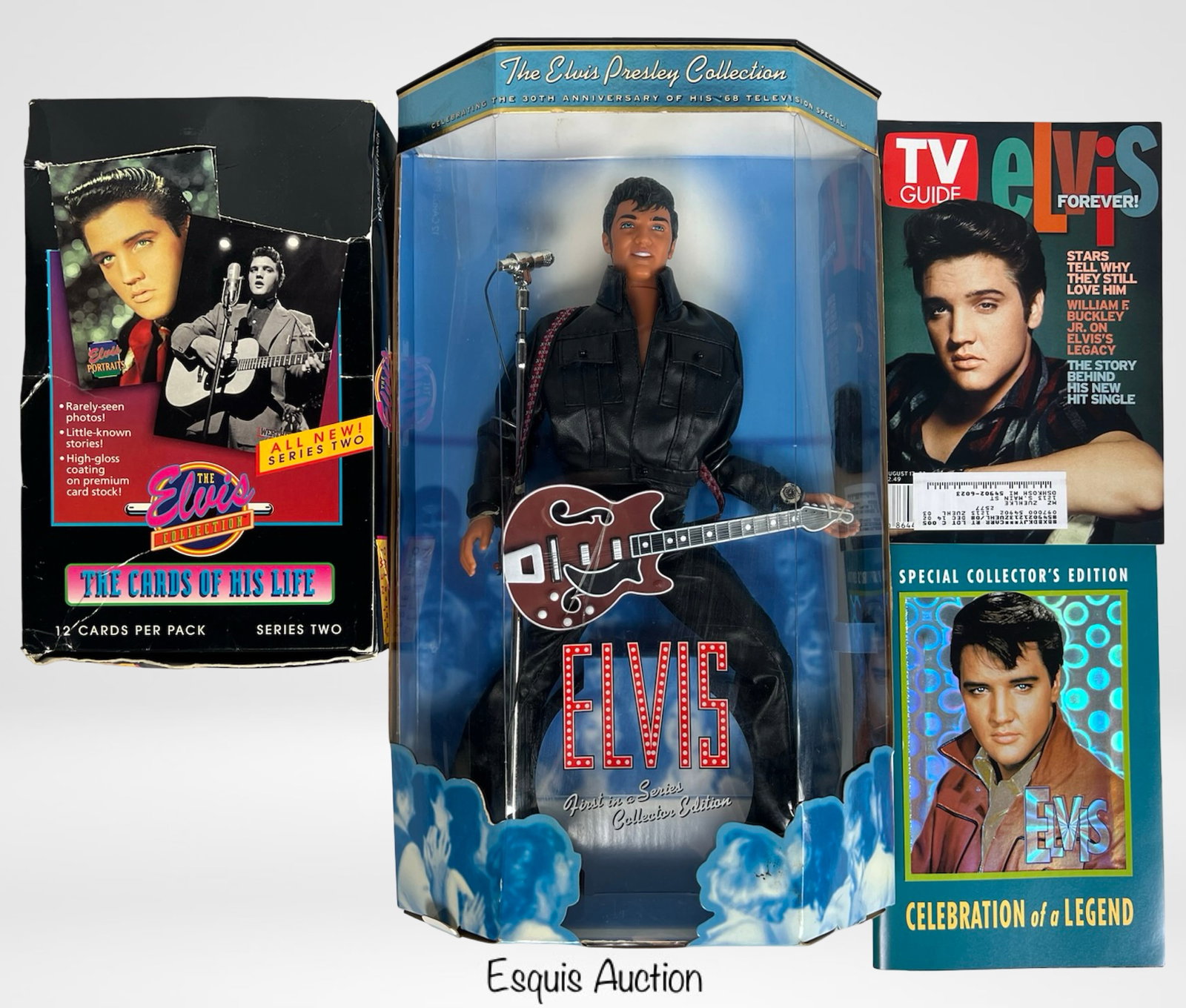 Elvis Presley Collectibles- Cards, Barbie Doll & M: Collection honoring the King of Rock 'n' Roll, featuring 30 unopened packs of 1992 Elvis Presley "The Cards of His Life" (360 cards total) housed in the original retail box. Includes a 1998 Mattel "'6