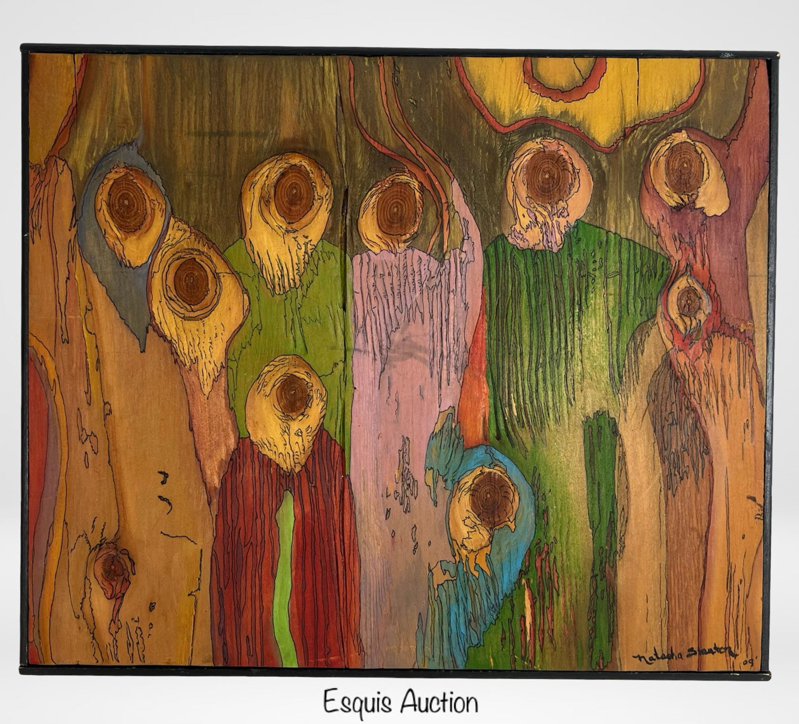 "Whispers in the Wood" by Natasha Stanton: This striking 2009 piece by Natasha Stanton masterfully fuses nature's organic beauty with vibrant abstraction. Utilizing the natural knots and grain of the wood as a guiding element, the artist hand-