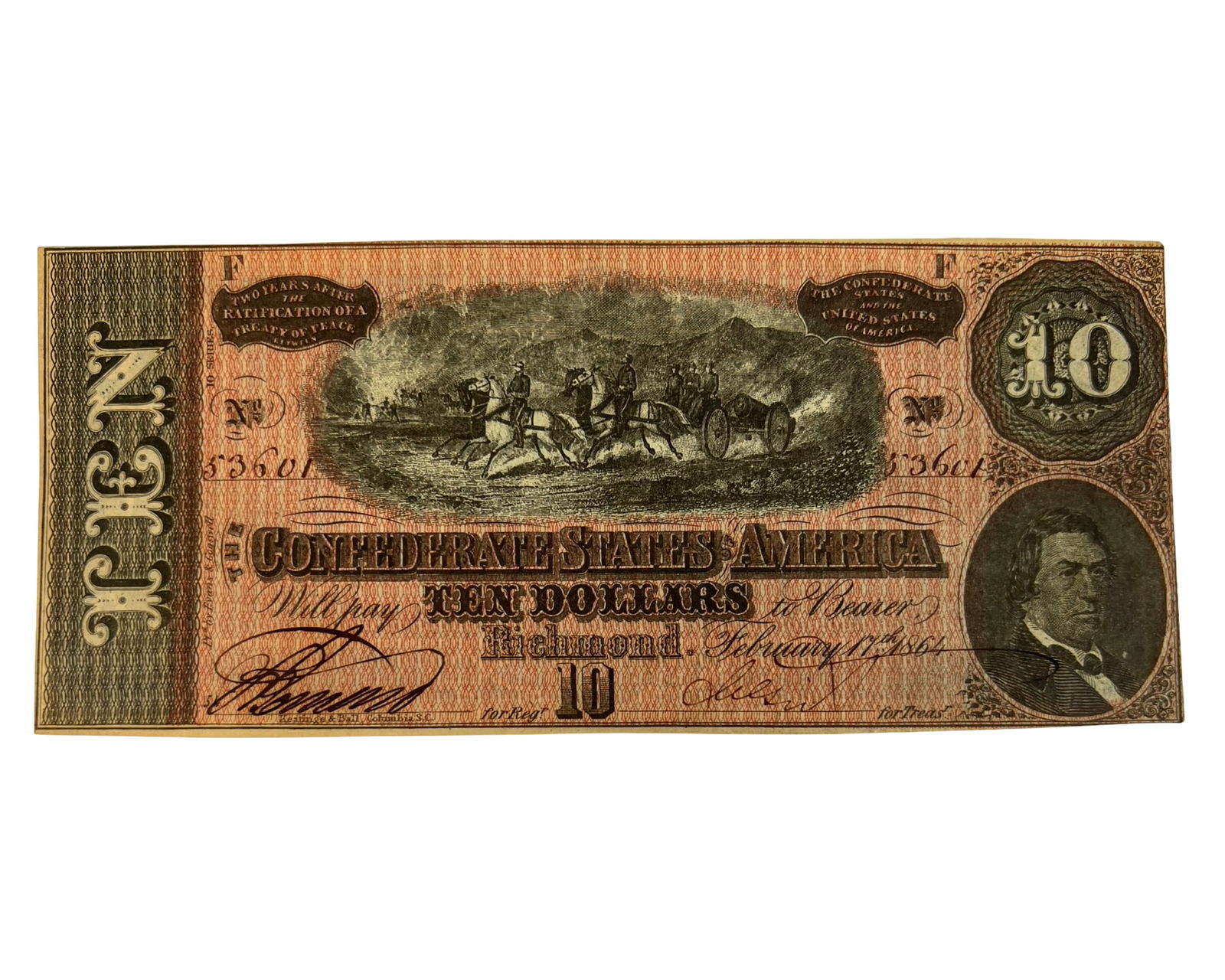 1864 Confederate States of America $10 Note - aUNC (1 of 2)