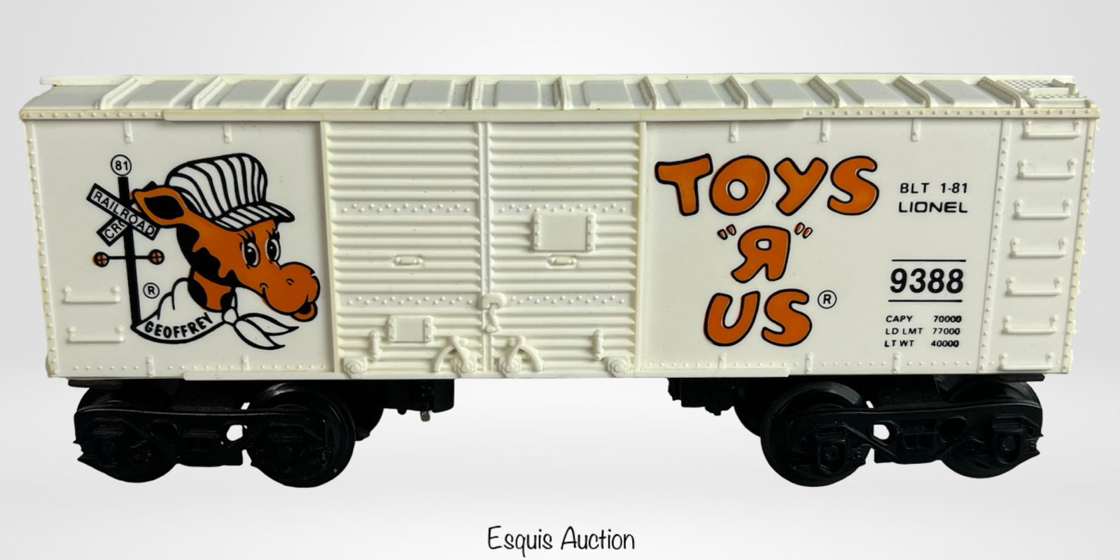 Lionel Toys "R" Us Box Car #9388 - Rare Unpainted: Extremely scarce variation of the Lionel Toys "R" Us boxcar featuring Geoffrey the Giraffe mascot. This version, numbered 9388 and marked BLT 1-81, is molded in an unpainted cream color rather than th